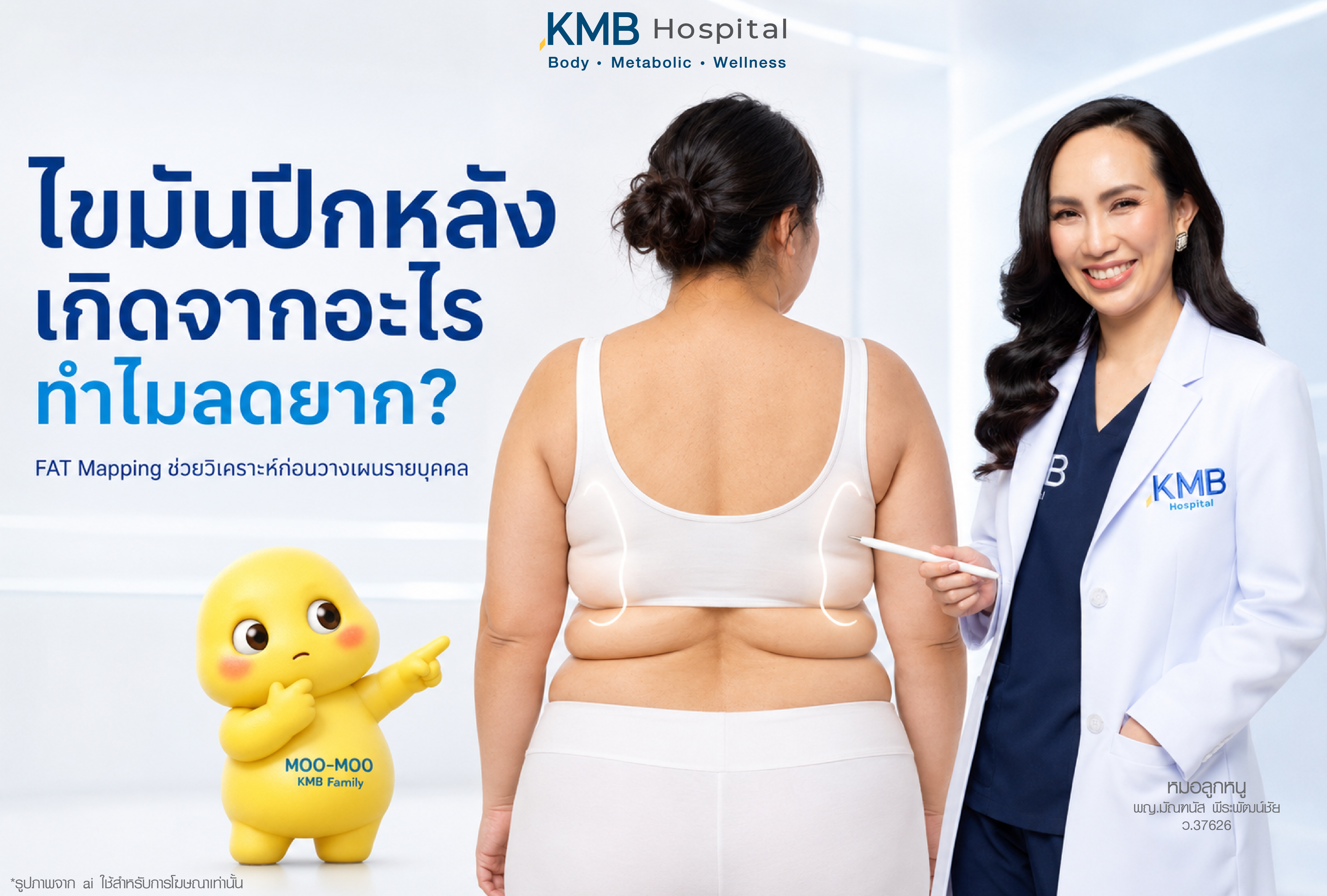 ไขมันปีกหลังเกิดจากอะไร และทำไมลดได้ยาก โดยแพทย์ประเมินบริเวณแผ่นหลังและปีกหลัง พร้อมแนะนำโปรแกรม FAT Mapping เพื่อช่วยวิเคราะห์ตำแหน่งไขมัน ชั้นไขมัน และวางแผนดูแลรูปร่างรายบุคคลให้ตรงจุด