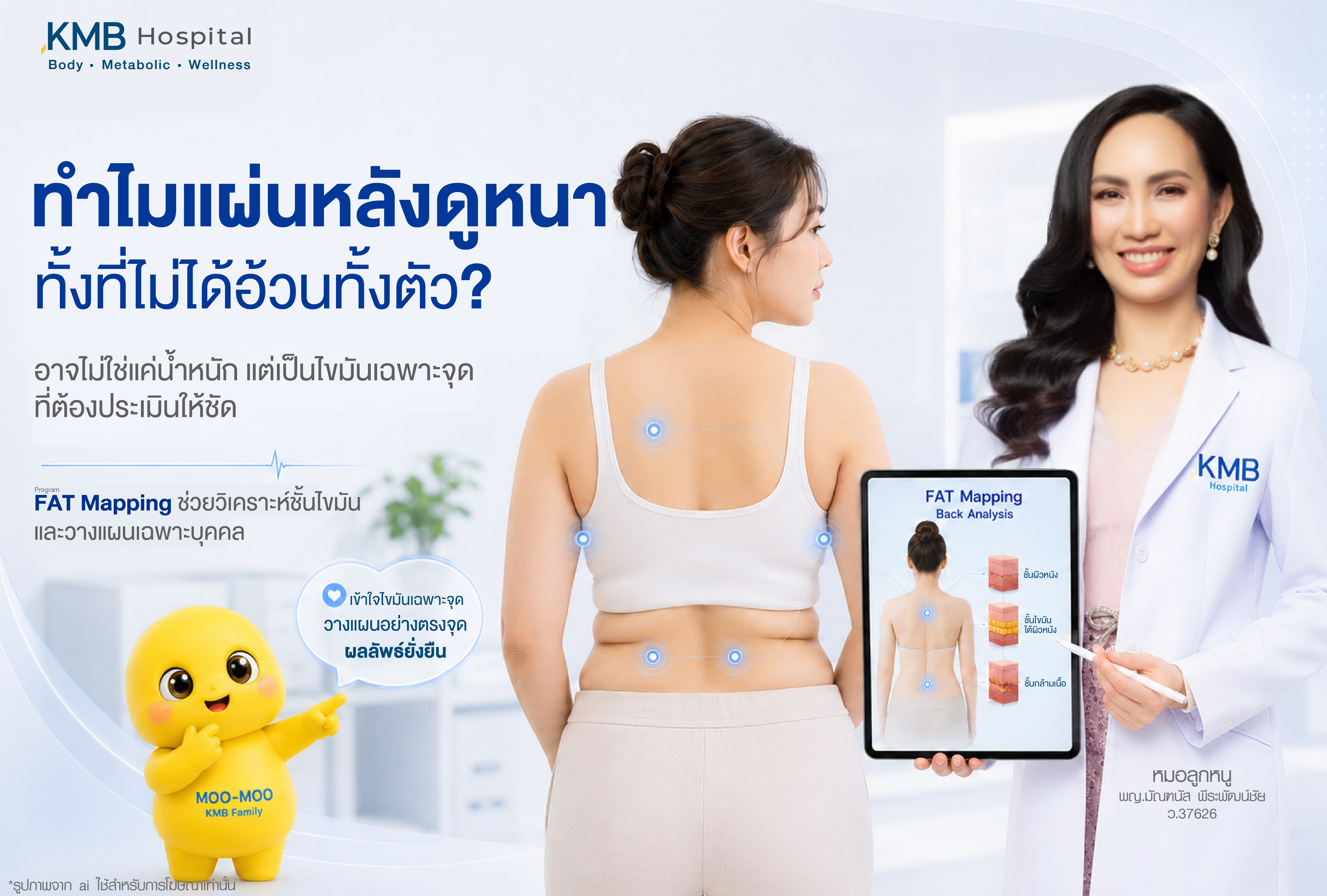 ทำไมแผ่นหลังดูหนา ทั้งที่ไม่ได้อ้วนทั้งตัว โดยอาจเกิดจากไขมันเฉพาะจุดบริเวณแผ่นหลัง ปีกหลัง และเอวด้านหลัง ซึ่งควรประเมินชั้นไขมันและตำแหน่งไขมันด้วยโปรแกรม FAT Mapping ก่อนวางแผนดูแลรูปร่างรายบุคคล