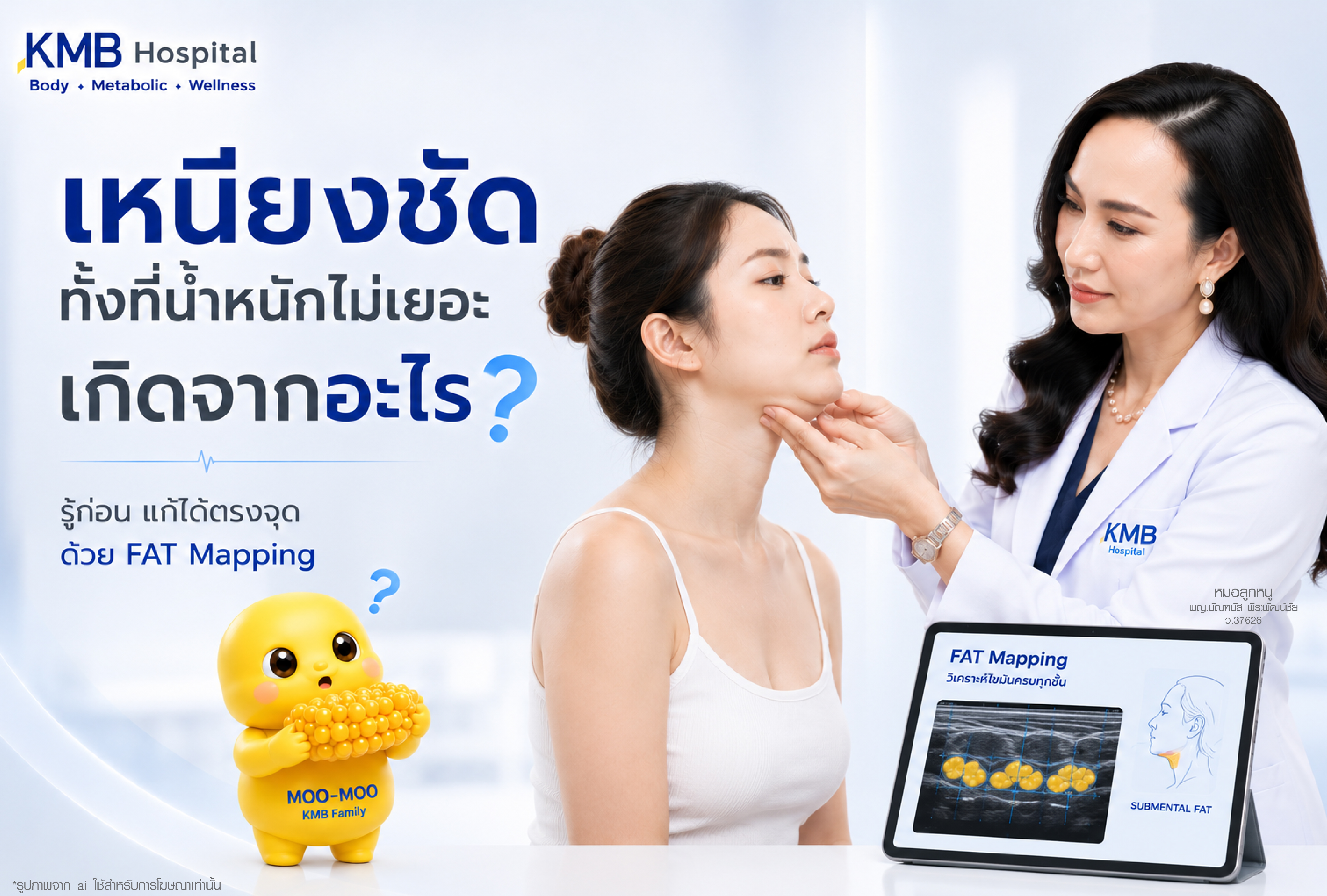 เหนียงชัดทั้งที่น้ำหนักไม่เยอะเกิดจากอะไร โดยแพทย์ประเมินบริเวณใต้คางและแสดงผล FAT Mapping เพื่อวิเคราะห์ไขมันใต้คางหรือ Submental Fat ช่วยให้เข้าใจสาเหตุของเหนียงก่อนวางแผนดูแลรูปร่างและกรอบหน้าได้ตรงจุด