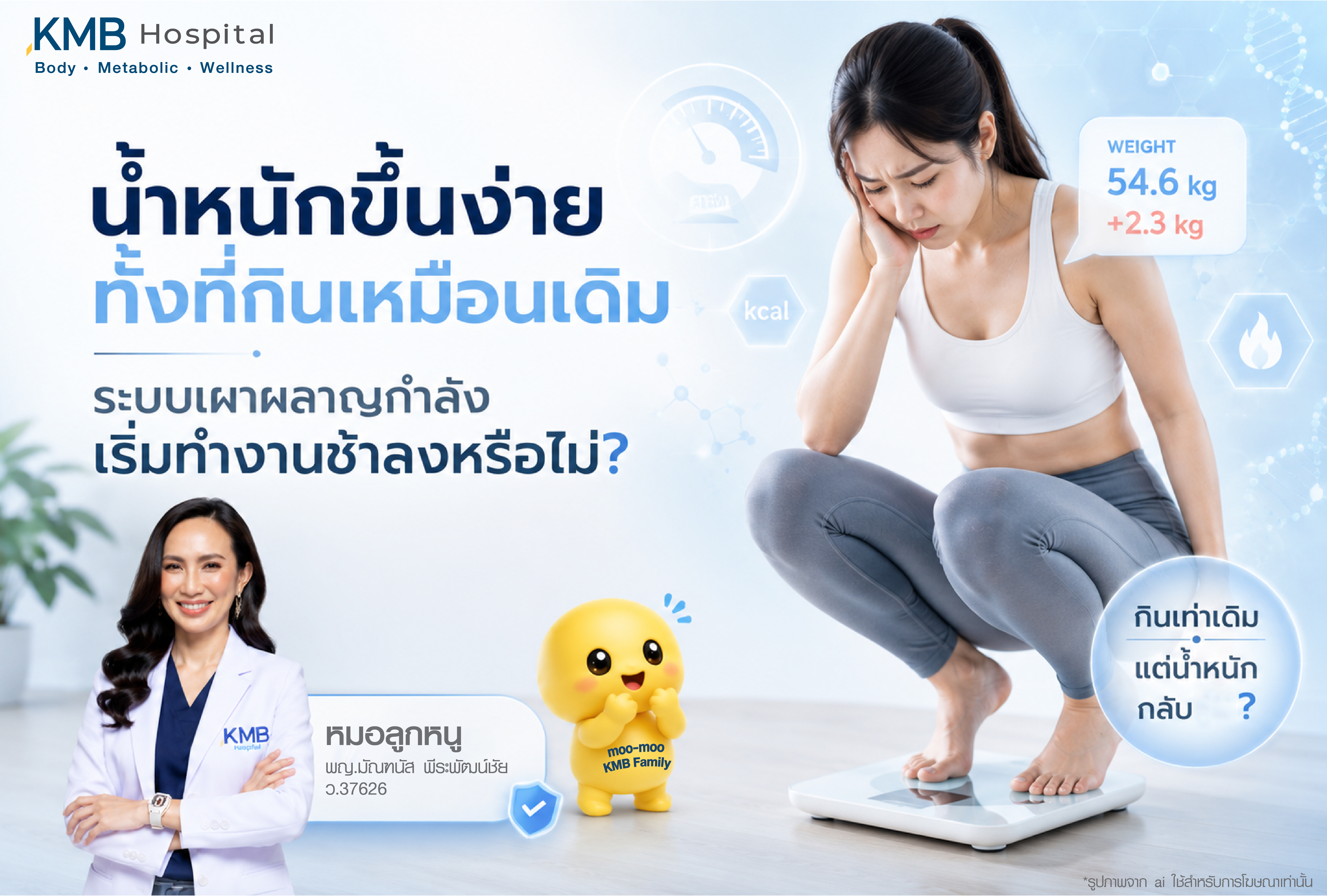 ภาพประกอบบทความ KMB Hospital เรื่องน้ำหนักขึ้นง่ายทั้งที่กินเหมือนเดิม อธิบายความเป็นไปได้ว่าระบบเผาผลาญอาจเริ่มทำงานช้าลง น้ำหนักกลับขึ้นง่าย และควรทำความเข้าใจสาเหตุภายในร่างกายก่อนวางแผนดูแลสุขภาพและรูปร่าง