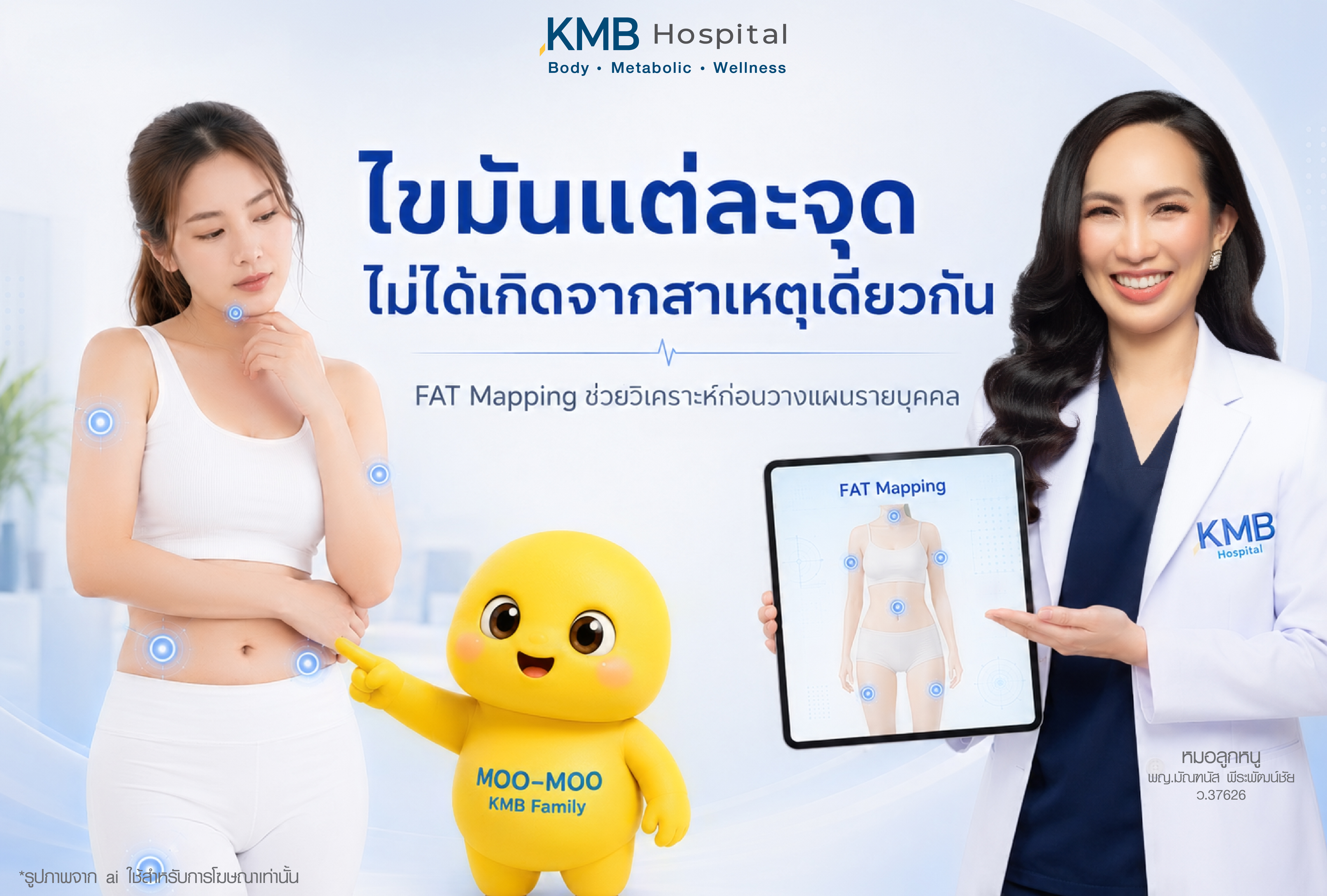 ไขมันแต่ละจุดในร่างกายไม่ได้เกิดจากสาเหตุเดียวกัน โดยโปรแกรม FAT Mapping ช่วยวิเคราะห์ตำแหน่งไขมัน ชั้นไขมัน และปัจจัยที่เกี่ยวข้องก่อนวางแผนดูแลรูปร่างรายบุคคล เช่น เหนียง แขน หน้าท้อง เอว และต้นขา