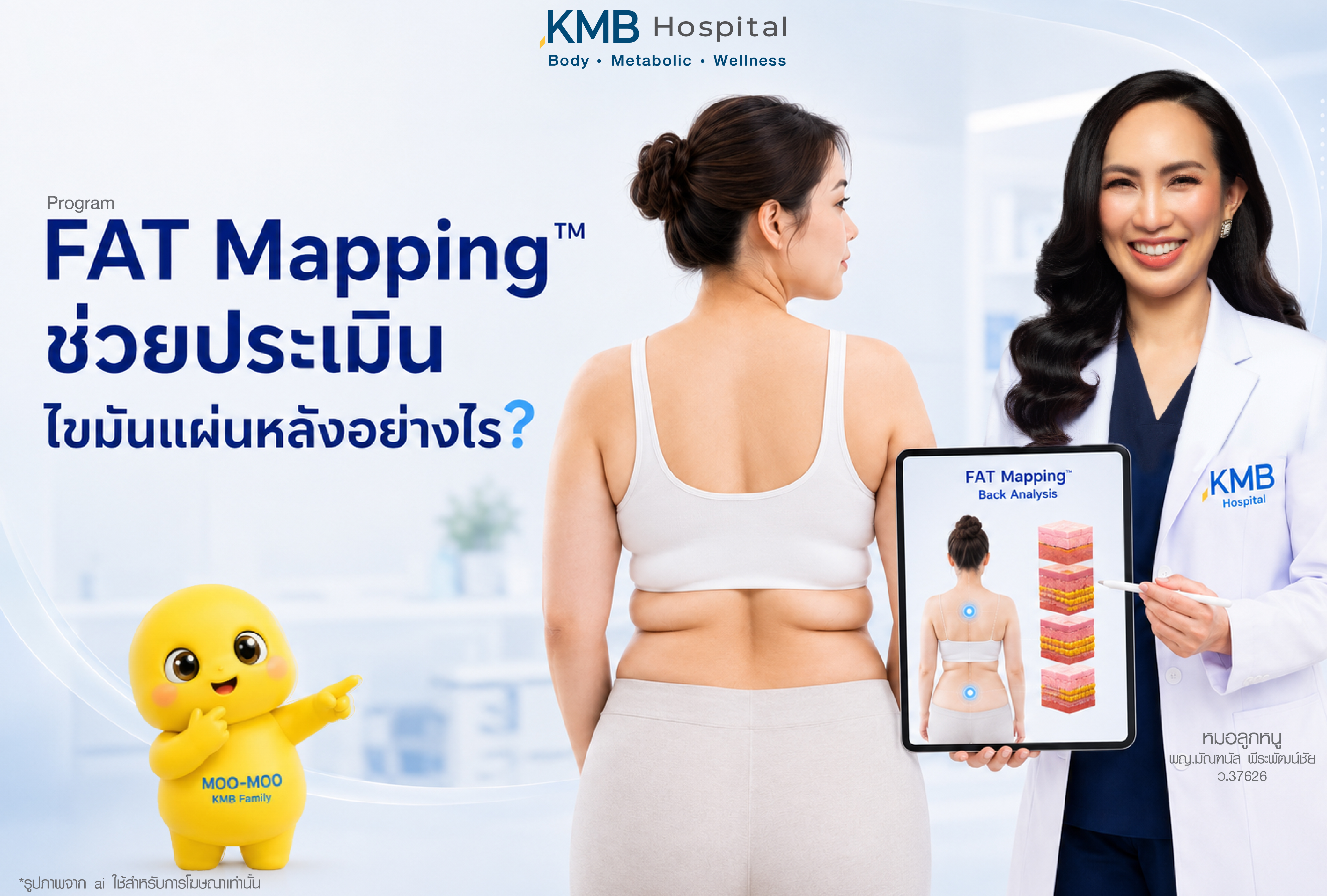 โปรแกรม FAT Mapping ช่วยประเมินไขมันแผ่นหลังอย่างไร โดยแพทย์ใช้ภาพวิเคราะห์ Back Analysis เพื่อดูตำแหน่งไขมัน ชั้นไขมัน และการสะสมไขมันบริเวณแผ่นหลัง ปีกหลัง และเอวด้านหลัง ก่อนวางแผนดูแลรูปร่างรายบุคคล