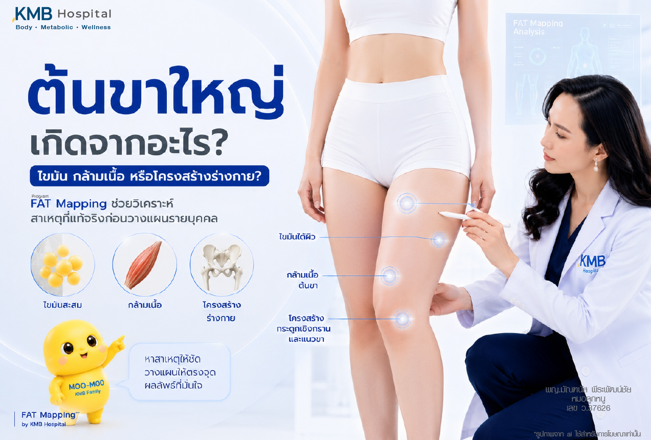 สาเหตุต้นขาใหญ่ ว่าอาจเกิดจากไขมันใต้ผิว กล้ามเนื้อต้นขา หรือโครงสร้างร่างกาย เช่น กระดูกเชิงกรานและแนวขา โดยใช้โปรแกรม FAT Mapping ช่วยวิเคราะห์สาเหตุที่แท้จริงก่อนวางแผนดูแลรูปร่างรายบุคคล