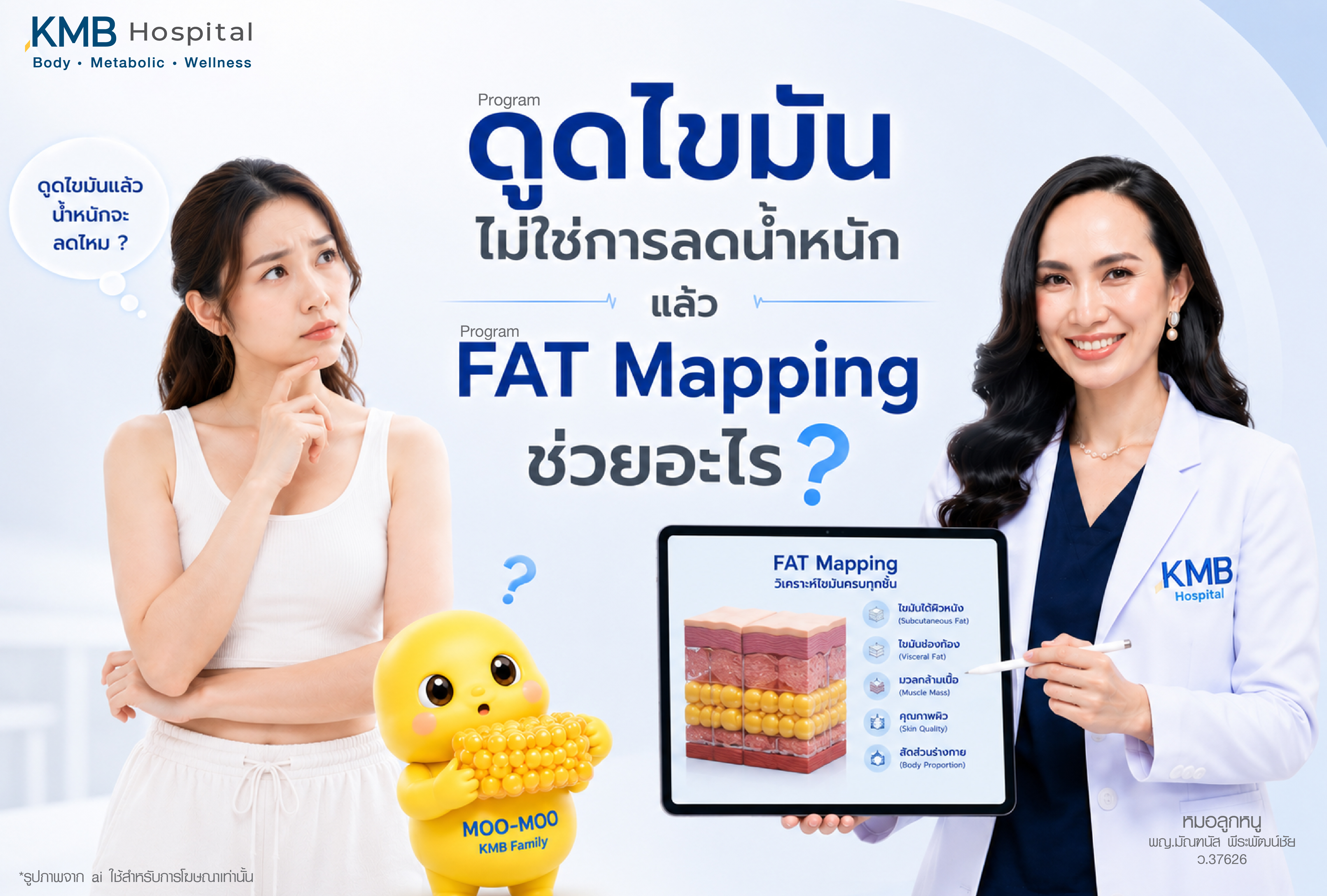 โปรแกรมดูดไขมันไม่ใช่การลดน้ำหนัก และโปรแกรม FAT Mapping ช่วยวิเคราะห์ชั้นไขมันก่อนวางแผนดูแลรูปร่าง โดยแสดงแพทย์ KMB อธิบายผ่านแท็บเล็ตเกี่ยวกับไขมันใต้ผิวหนัง ไขมันช่องท้อง มวลกล้ามเนื้อ คุณภาพผิว และสัดส่วนร่างกาย