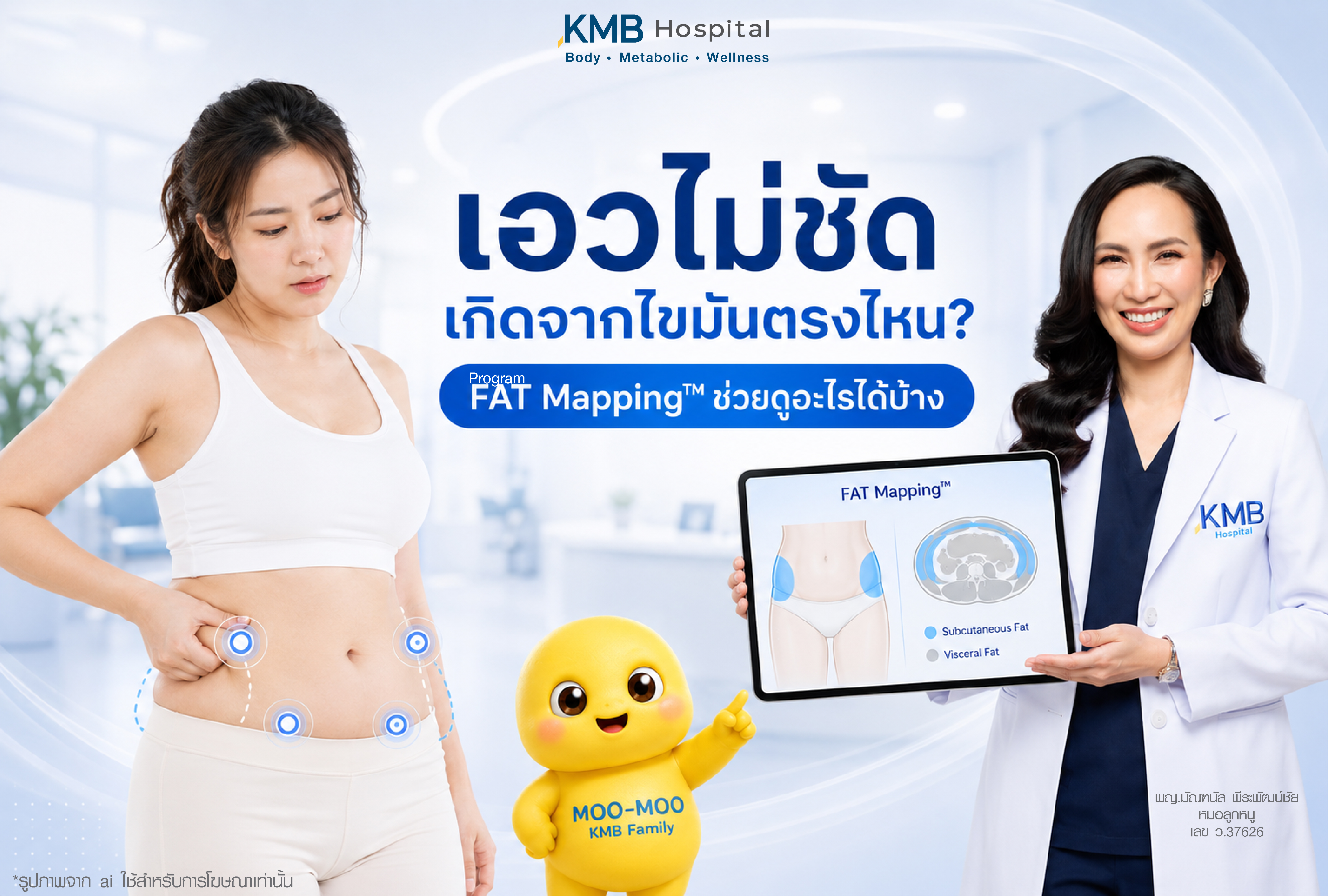 เอวไม่ชัดอาจเกี่ยวข้องกับไขมันบริเวณใด โดยใช้โปรแกรม FAT Mapping ช่วยประเมินไขมันใต้ผิวหนัง ไขมันในช่องท้อง ตำแหน่งไขมัน และชั้นไขมันบริเวณเอวกับหน้าท้อง เพื่อช่วยวางแผนดูแลรูปร่างให้เหมาะกับแต่ละบุคคล