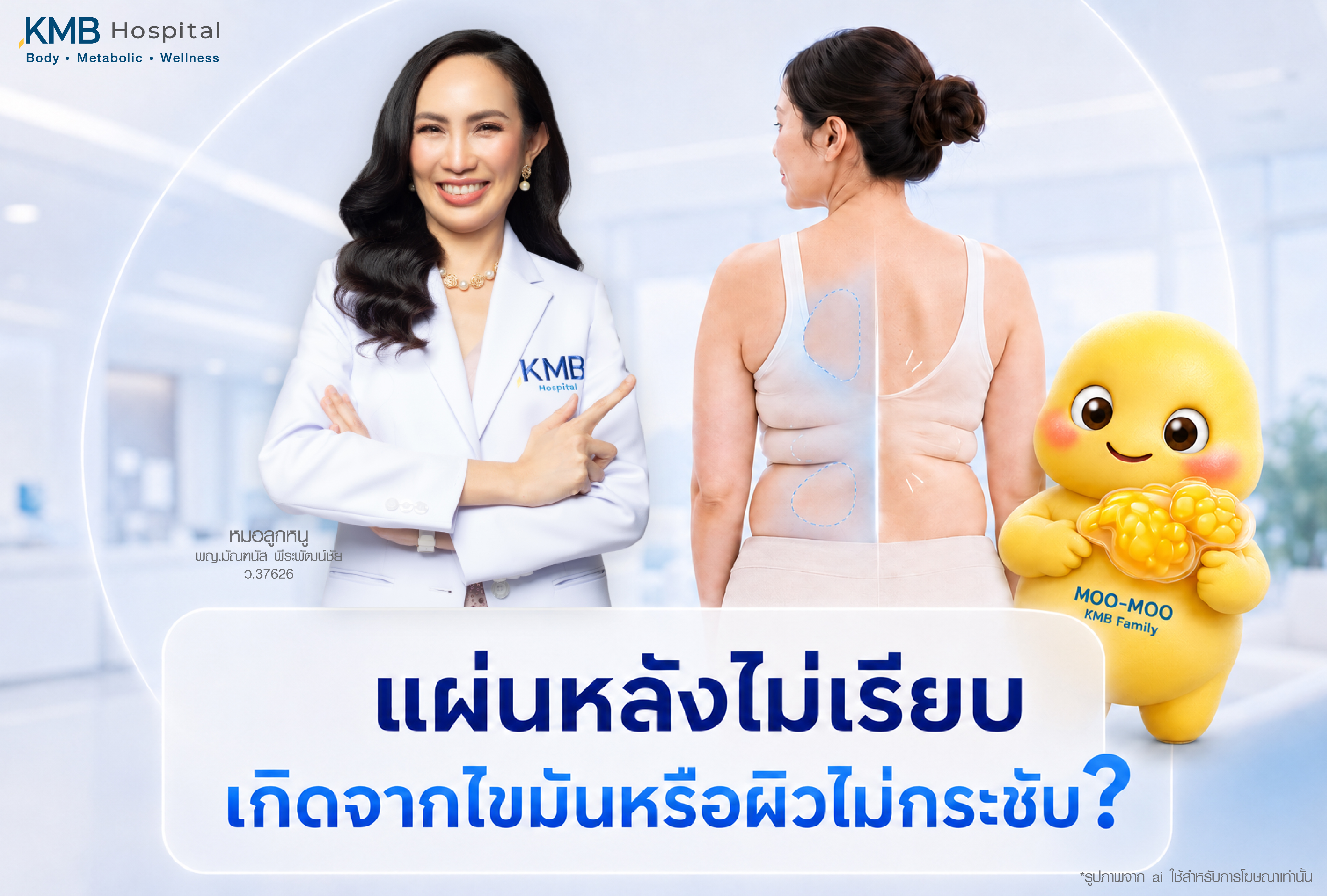 ปัญหาแผ่นหลังไม่เรียบ ว่าอาจเกิดจากไขมันสะสมหรือผิวไม่กระชับ โดยมีภาพแพทย์ ผู้หญิงโชว์แผ่นหลัง และแนวคิดการประเมินด้วย FAT Mapping เพื่อช่วยแยกสาเหตุและวางแผนดูแลให้เหมาะกับรูปร่าง