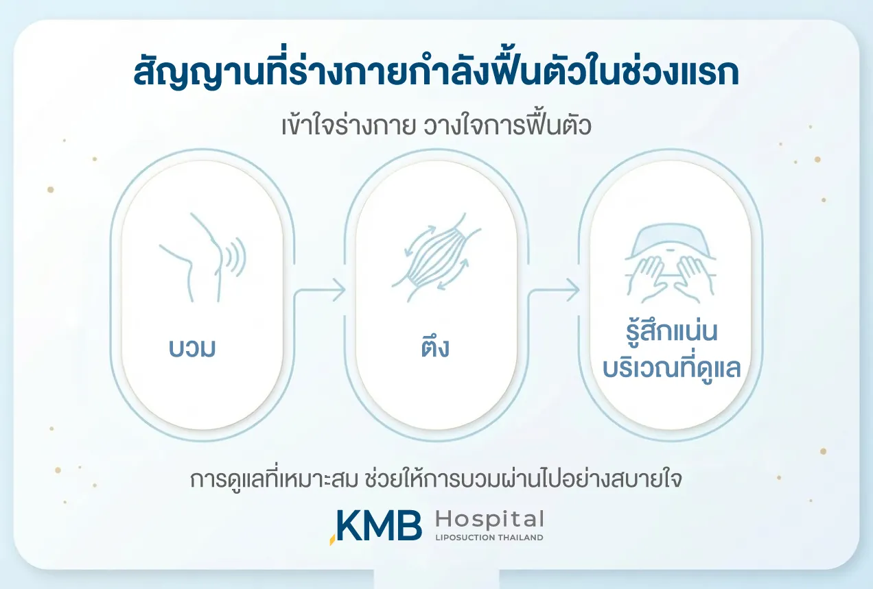 Infographic showing early signs of body recovery, including swelling, firmness, and tightness in the treated area, indicating a natural healing process during the initial recovery stage.