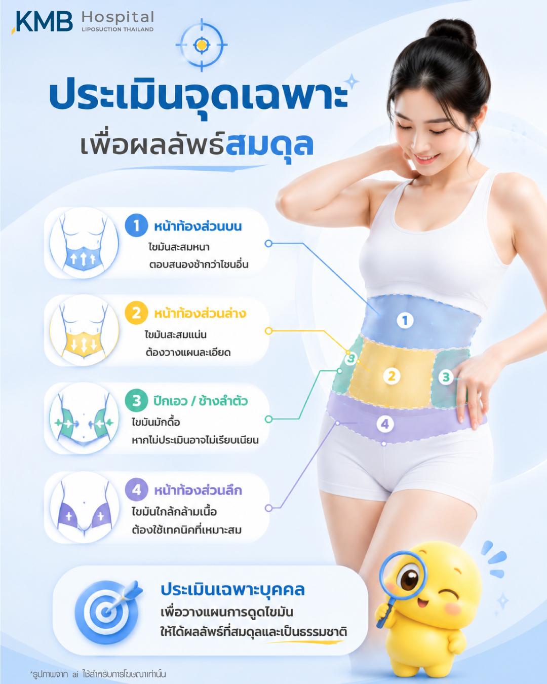 การทำ FAT Mapping ก่อนดูดไขมันหน้าท้อง แสดงการประเมินไขมันแต่ละชั้น ทั้งชั้นใต้ผิว ชั้นกลาง กล้ามเนื้อ และชั้นไขมันลึก เพื่อวางแผนการดูดไขมันเฉพาะบุคคล ให้ผลลัพธ์สมดุลและเป็นธรรมชาติ