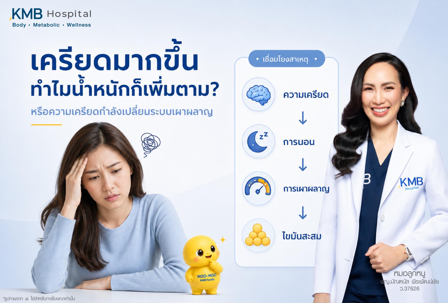 ภาพผู้หญิงเหนื่อยล้า น้ำหนักขึ้น เนื่องจากความเครียดและระบบเผาผลาญเปลี่ยนแปลง แสดงสัญญาณร่างกายที่ควรสังเกต โดย KMB Hospital