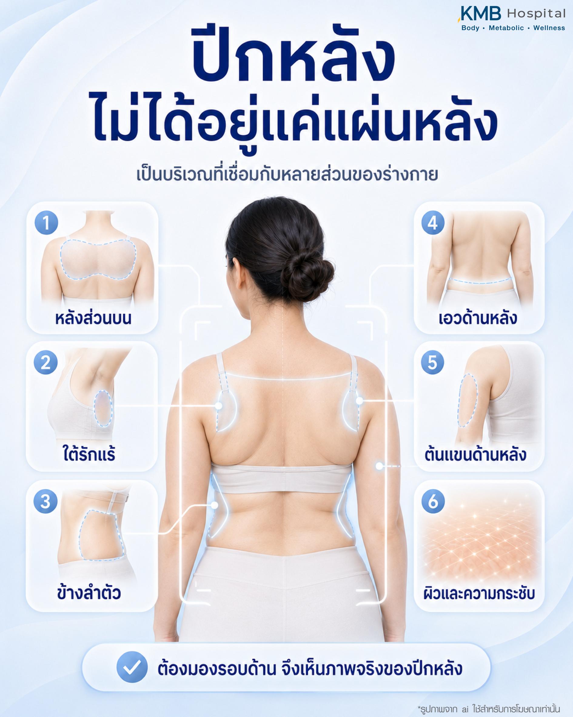 ปีกหลังไม่ได้อยู่แค่แผ่นหลัง แต่เป็นบริเวณที่เชื่อมกับหลายส่วนของร่างกาย เช่น หลังส่วนบน ใต้รักแร้ ข้างลำตัว เอวด้านหลัง ต้นแขนด้านหลัง รวมถึงผิวและความกระชับ จึงควรมองรอบด้านก่อนวางแผนดูแลไขมันปีกหลังและไขมันแผ่นหลัง