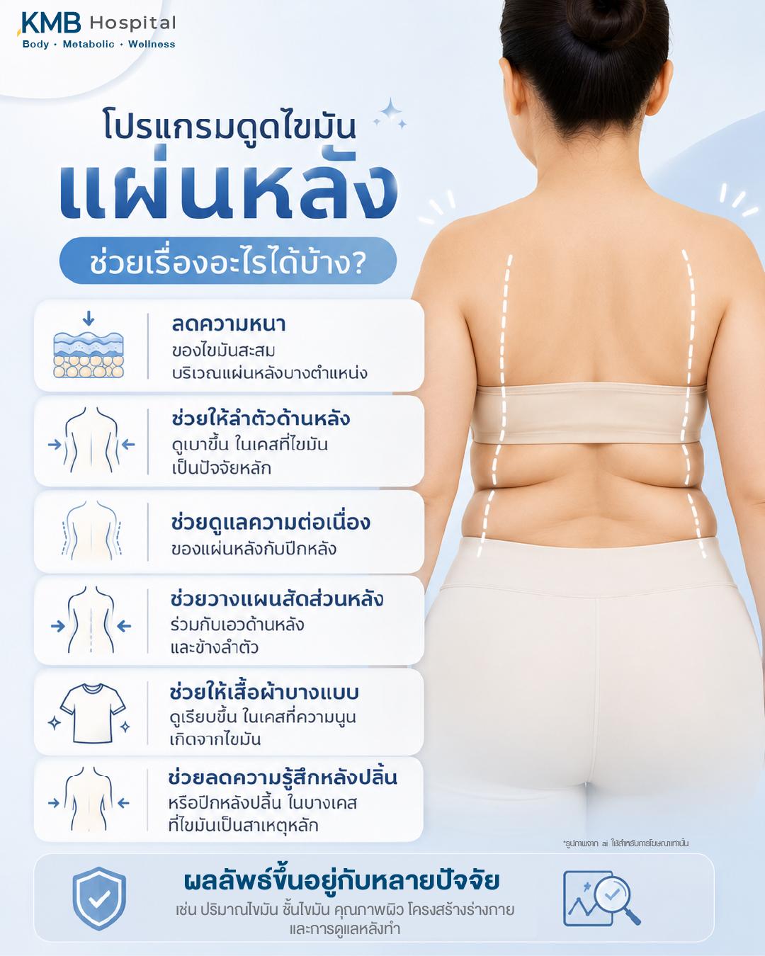โปรแกรมดูดไขมันแผ่นหลังช่วยเรื่องอะไรได้บ้าง เช่น ลดความหนาของไขมันสะสมบางตำแหน่ง ช่วยให้ลำตัวด้านหลังดูชัดขึ้น ดูแลความต่อเนื่องของแผ่นหลังกับปีกหลัง วางแผนสัดส่วนหลังร่วมกับเอวด้านหลังและข้างลำตัว รวมถึงช่วยลดความรู้สึกหลังปลิ้นหรือปีกหลังปลิ้นในบางเคส โดยผลลัพธ์ขึ้นอยู่กับปริมาณไขมัน ชั้นไขมัน คุณภาพผิว โครงสร้างร่างกาย และการประเมินก่อนทำ