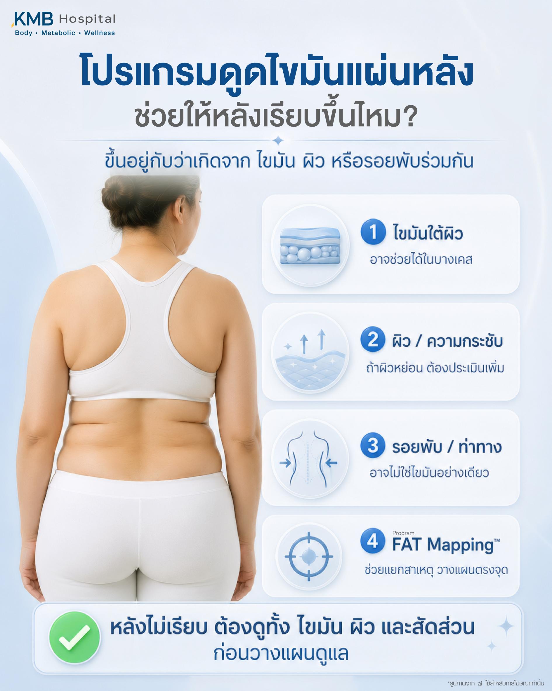 โปรแกรมดูดไขมันแผ่นหลังช่วยให้หลังเรียบขึ้นได้ไหม โดยขึ้นอยู่กับว่าสาเหตุเกิดจากไขมันใต้ผิว ผิวไม่กระชับ รอยพับ หรือท่าทางร่วมกัน พร้อมแนะนำโปรแกรม FAT Mapping เพื่อช่วยแยกสาเหตุของแผ่นหลังไม่เรียบ และวางแผนดูแลไขมัน ผิว และสัดส่วนให้เหมาะกับแต่ละบุคคล