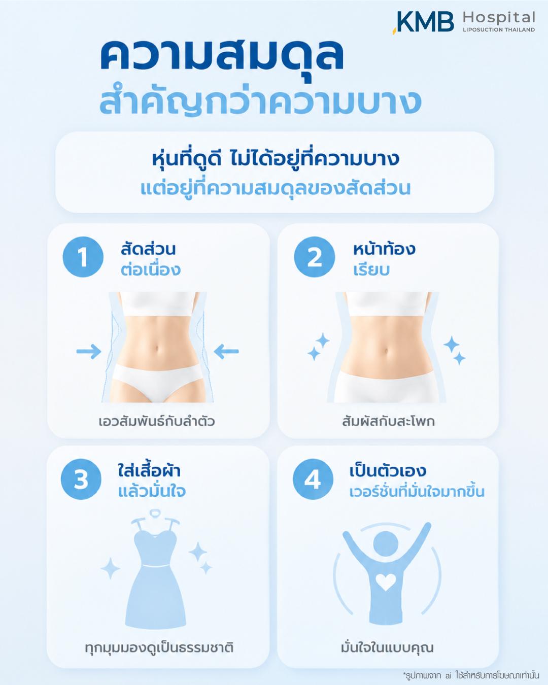 ตรวจประเมินคุณภาพผิวและความสมดุลของรูปร่างหน้าท้องก่อนโปรแกรมดูดไขมันที่ KMB Hospital เพื่อผลลัพธ์สัดส่วนสมดุลและผิวเรียบกระชับ