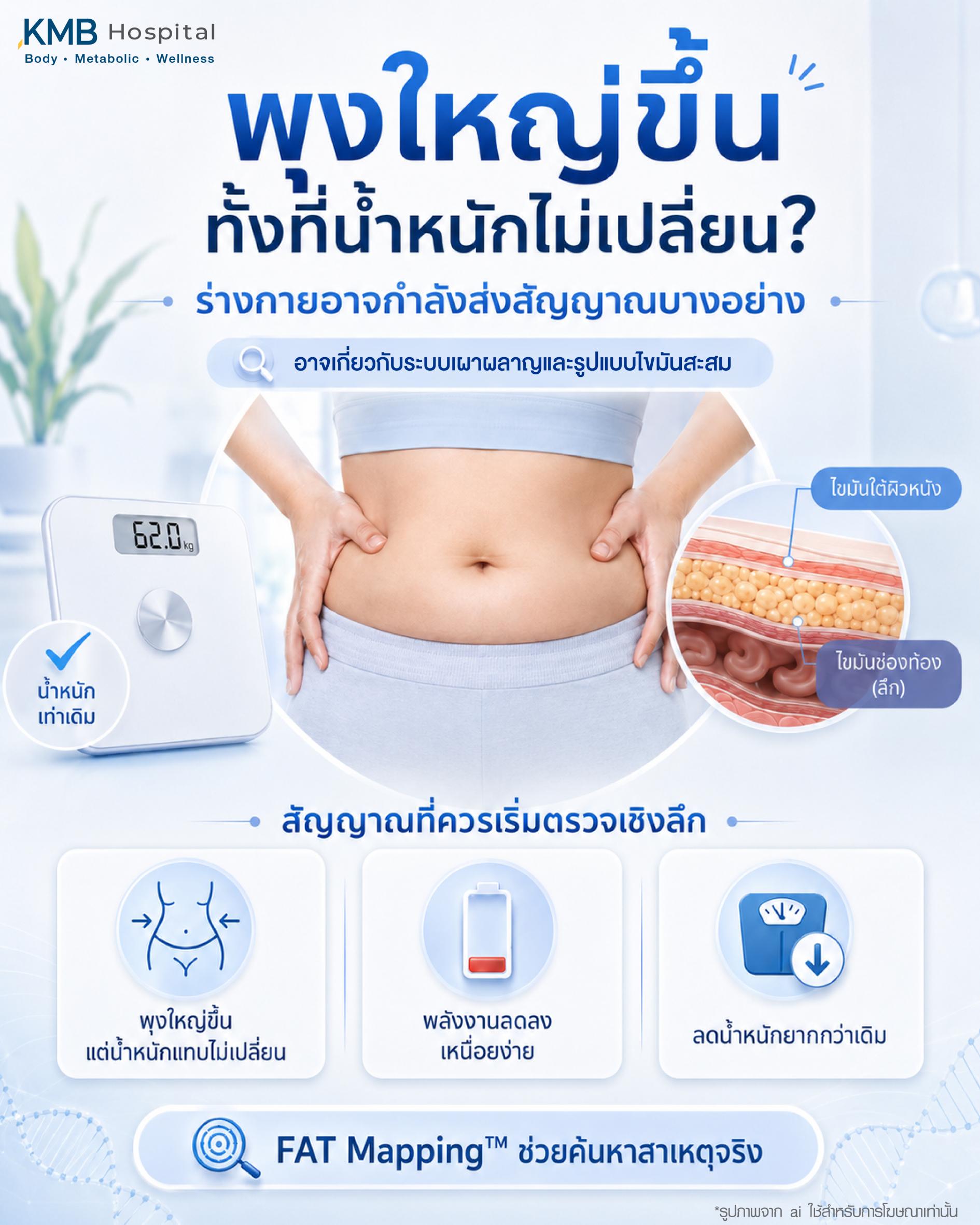 อาการพุงใหญ่ขึ้นทั้งที่น้ำหนักไม่เปลี่ยน อาจเกิดจากไขมันช่องท้องสะสม การเปลี่ยนแปลงระบบเผาผลาญ ฮอร์โมน หรือพฤติกรรมการใช้ชีวิต โดย FAT Mapping ของ KMB Hospital ช่วยวิเคราะห์สาเหตุที่แท้จริง