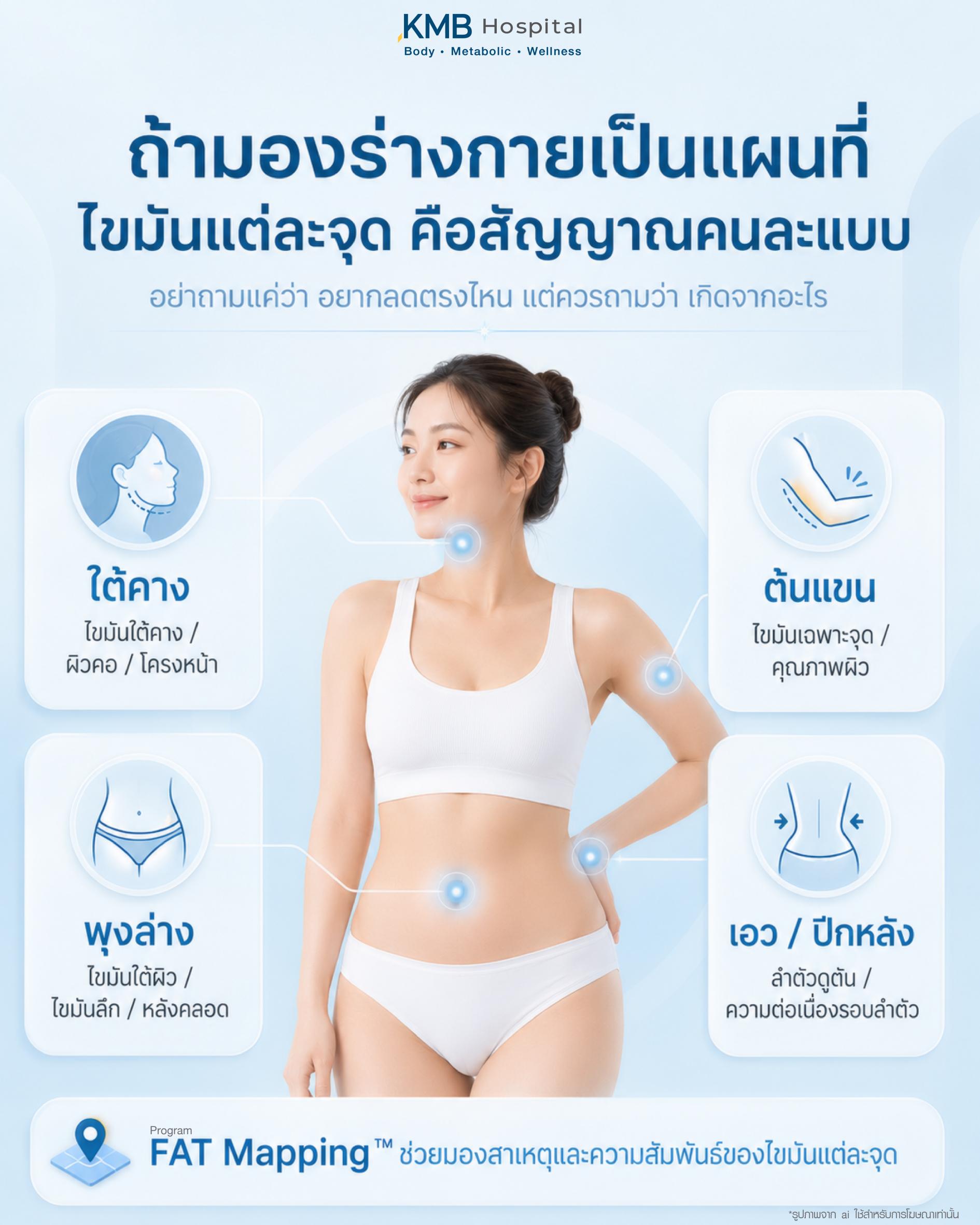ถ้ามองร่างกายเป็นแผนที่ ไขมันแต่ละจุดคือสัญญาณคนละแบบ เช่น ใต้คาง ต้นแขน พุงล่าง เอว และปีกหลัง โดยแต่ละตำแหน่งอาจเกี่ยวข้องกับไขมันใต้ผิว ไขมันลึก ผิวหย่อน โครงหน้า ลำตัว หรือความต่อเนื่องรอบลำตัว พร้อมแนะนำโปรแกรม FAT Mapping เพื่อช่วยมองสาเหตุและความสัมพันธ์ของไขมันแต่ละจุดก่อนวางแผนดูแลรูปร่าง