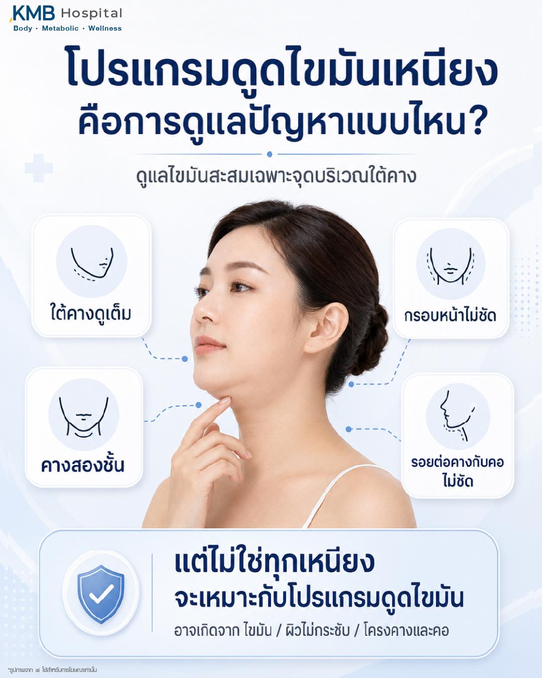 โปรแกรมดูดไขมันเหนียงคือการดูแลปัญหาแบบไหน โดยเน้นไขมันสะสมเฉพาะจุดบริเวณใต้คาง เช่น ใต้คางดูเต็ม คางสองชั้น กรอบหน้าไม่ชัด และรอยต่อคางกับคอไม่ชัด พร้อมระบุว่าไม่ใช่ทุกเหนียงจะเหมาะกับโปรแกรมดูดไขมัน เพราะอาจเกี่ยวข้องกับไขมัน ผิวไม่กระชับ หรือโครงสร้างคางและคอร่วมกัน