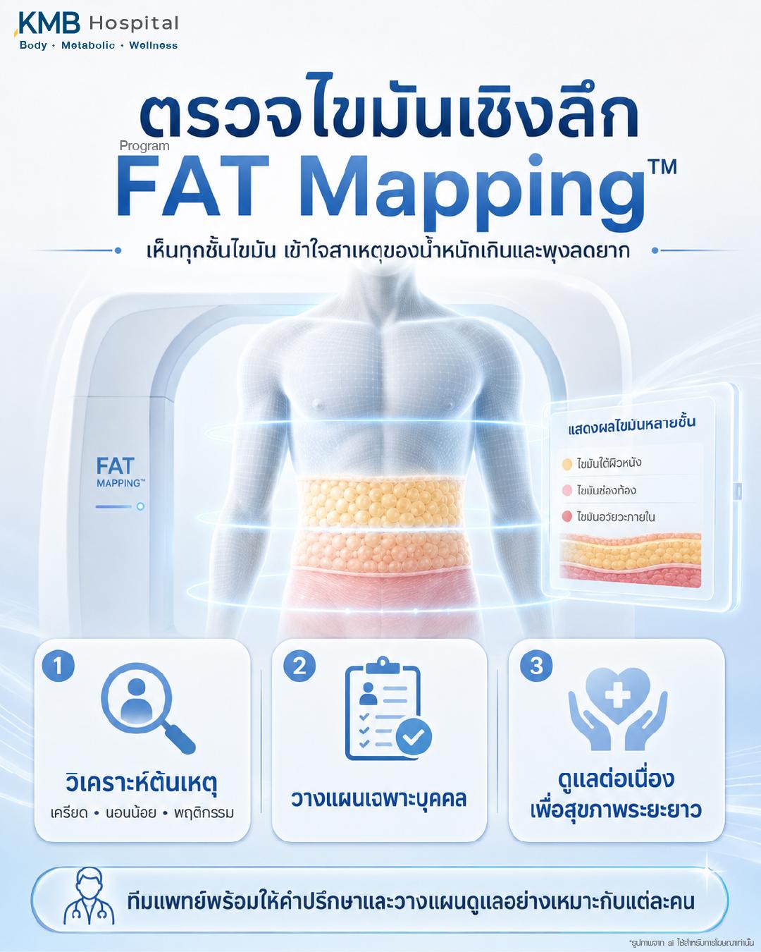 โปรแกรม FAT Mapping สำหรับตรวจไขมันเชิงลึก เพื่อให้เห็นชั้นไขมันในร่างกาย เช่น ไขมันใต้ผิวหนัง ไขมันช่องท้อง และไขมันอวัยวะภายใน พร้อมช่วยวิเคราะห์สาเหตุของน้ำหนักเกิน พุงลดยาก และปัจจัยร่วม เช่น ความเครียด การนอนน้อย และพฤติกรรม ก่อนวางแผนดูแลสุขภาพระยะยาวแบบเฉพาะบุคคล