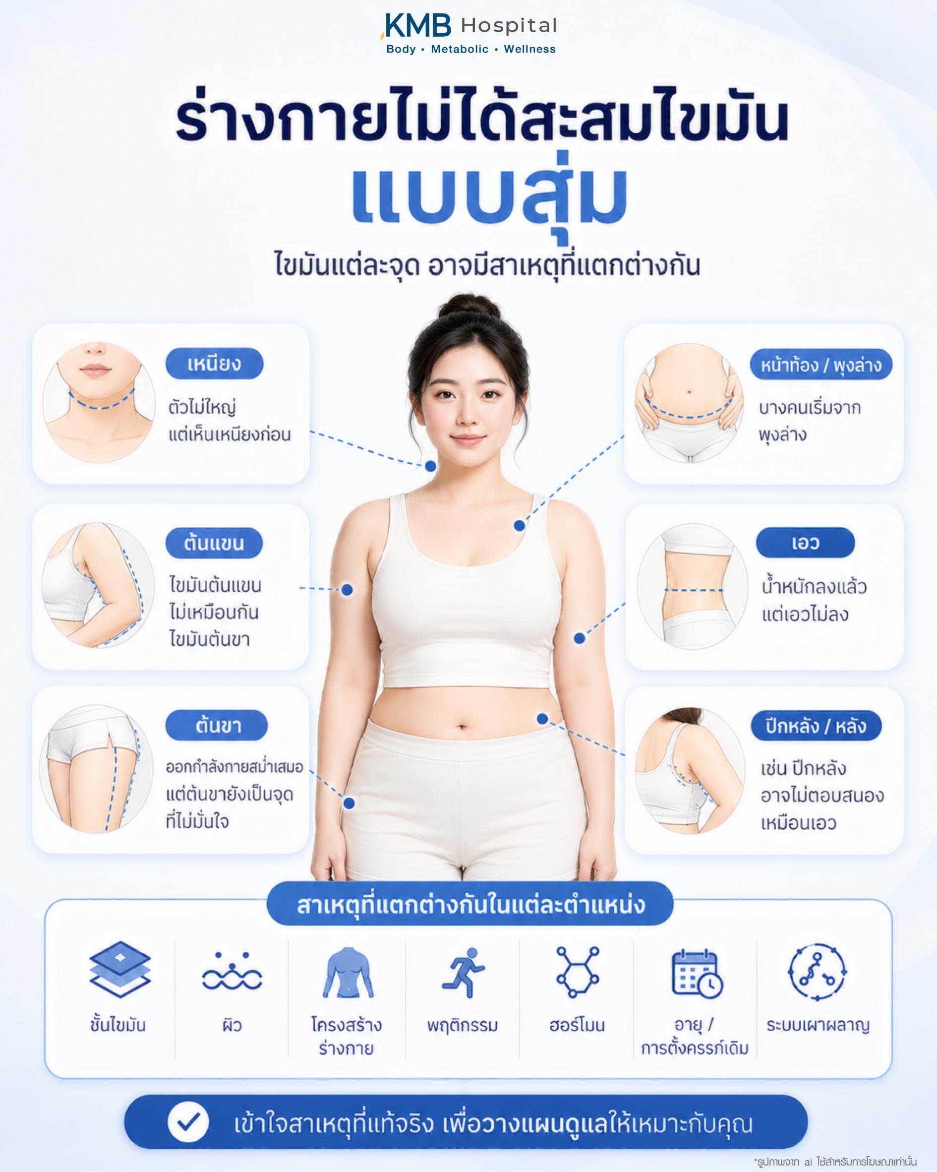 ร่างกายไม่ได้สะสมไขมันแบบสุ่ม และไขมันแต่ละจุดอาจมีสาเหตุแตกต่างกัน เช่น เหนียง ต้นแขน ต้นขา หน้าท้อง พุงล่าง เอว ปีกหลัง และหลัง โดยเกี่ยวข้องกับชั้นไขมัน ผิว โครงสร้างร่างกาย พฤติกรรม ฮอร์โมน อายุ การตั้งครรภ์เดิม และระบบเผาผลาญ เพื่อช่วยเข้าใจต้นเหตุจริงก่อนวางแผนดูแลรูปร่างรายบุคคล
