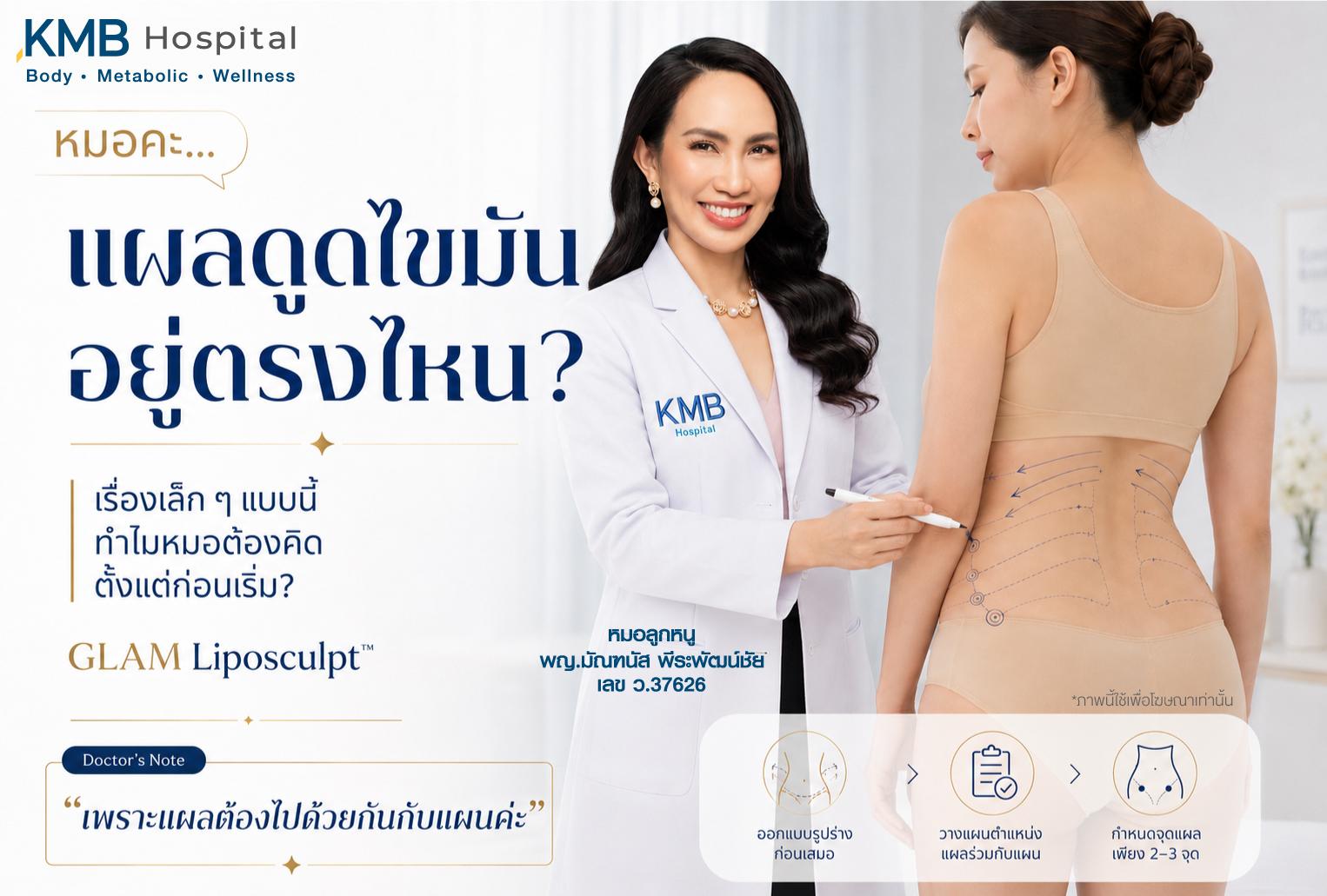 หมอลูกหนูวางแผนตำแหน่งแผลร่วมกับ Body Design ก่อนดูดไขมันแบบ GLAM Liposculpt™