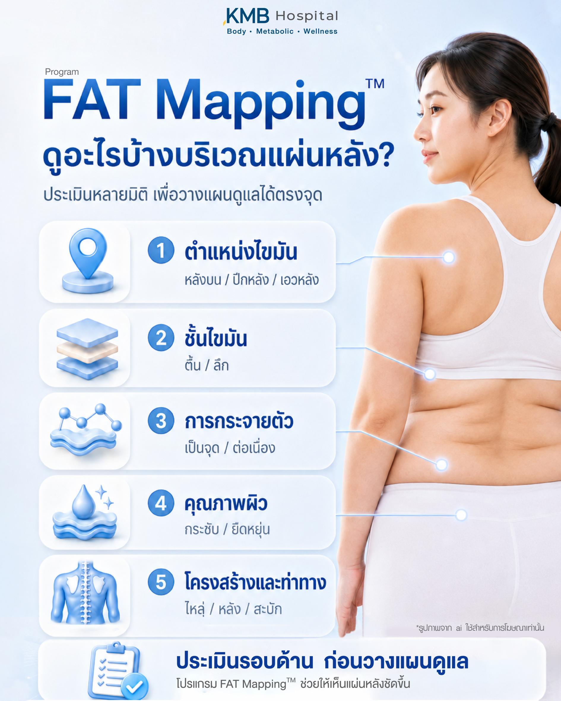 โปรแกรม FAT Mapping ดูอะไรบ้างบริเวณแผ่นหลัง โดยประเมินหลายมิติ เช่น ตำแหน่งไขมันบริเวณหลังบน ปีกหลัง และเอวหลัง ชั้นไขมันตื้นหรือลึก การกระจายตัวของไขมัน คุณภาพผิว ความกระชับ ความยืดหยุ่น รวมถึงโครงสร้างและท่าทางของไหล่ หลัง และสะบัก เพื่อวางแผนดูแลไขมันแผ่นหลังได้ตรงจุด