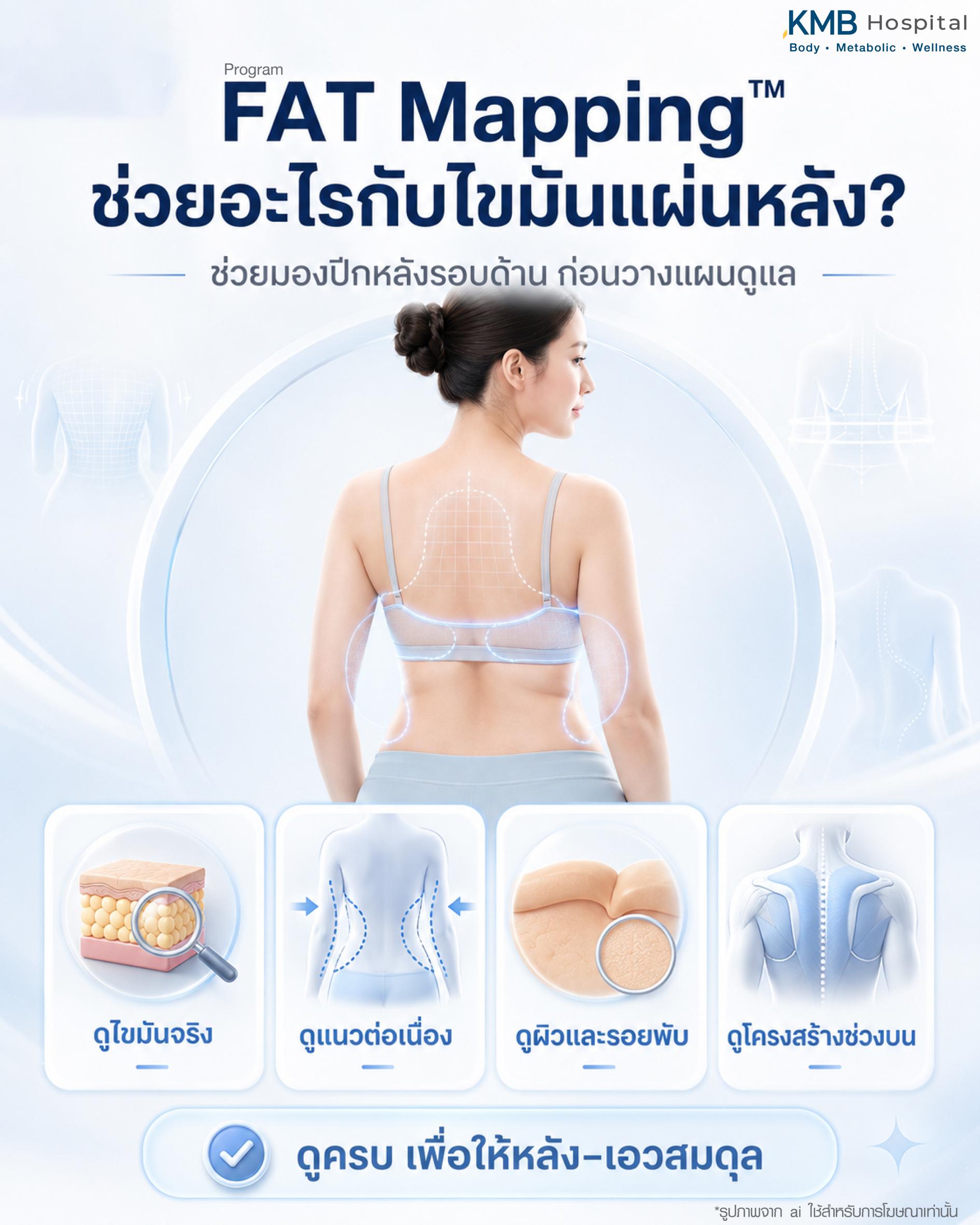 โปรแกรม FAT Mapping ช่วยอะไรกับไขมันแผ่นหลัง โดยช่วยมองปีกหลังรอบด้านก่อนวางแผนดูแล ทั้งการดูไขมันจริง แนวต่อเนื่องของหลังกับเอว ผิวและรอยพับ รวมถึงโครงสร้างช่วงบน เพื่อให้หลังและเอวดูสมดุล เหมาะกับการประเมินไขมันปีกหลัง ไขมันปลิ้นหลัง และไขมันแผ่นหลังรายบุคคล