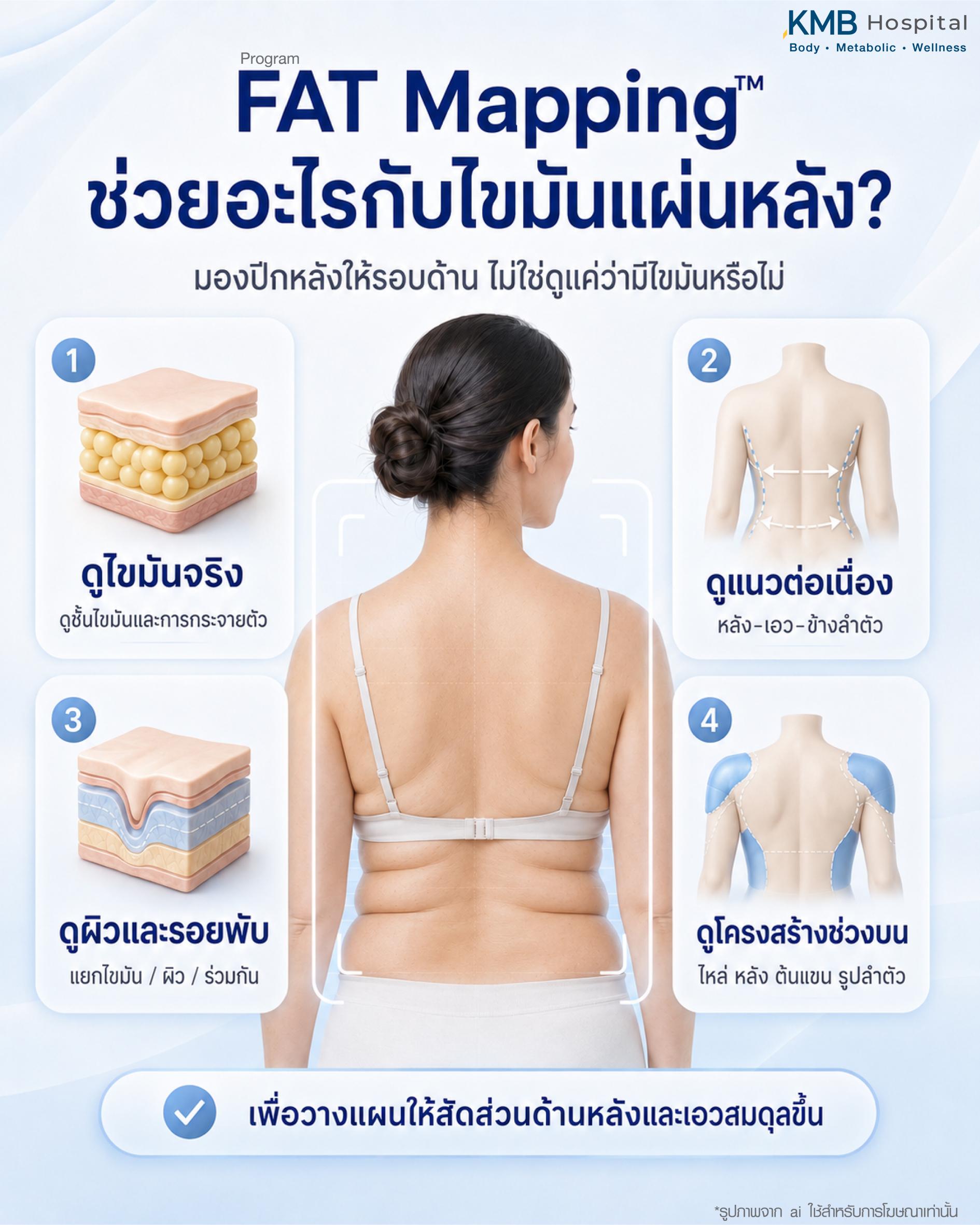 โปรแกรม FAT Mapping ช่วยอะไรกับไขมันแผ่นหลัง โดยช่วยประเมินชั้นไขมัน การกระจายตัวของไขมัน แนวต่อเนื่องจากหลัง เอว และข้างลำตัว รวมถึงผิวและรอยพับ เพื่อวางแผนดูแลไขมันปีกหลัง ไขมันปลิ้นหลัง และสัดส่วนด้านหลังให้เหมาะกับแต่ละบุคคล