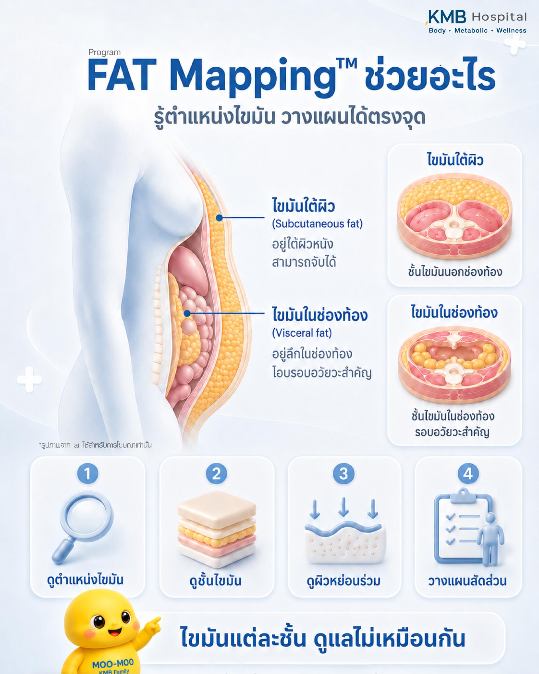 โปรแกรม FAT Mapping ช่วยอะไร โดยช่วยประเมินตำแหน่งไขมัน ชั้นไขมัน ไขมันใต้ผิวหนัง ไขมันในช่องท้อง คุณภาพผิว และการวางแผนสัดส่วน เพื่อให้เข้าใจว่าไขมันแต่ละชั้นดูแลไม่เหมือนกัน และวางแผนดูแลรูปร่างได้ตรงจุดมากขึ้น