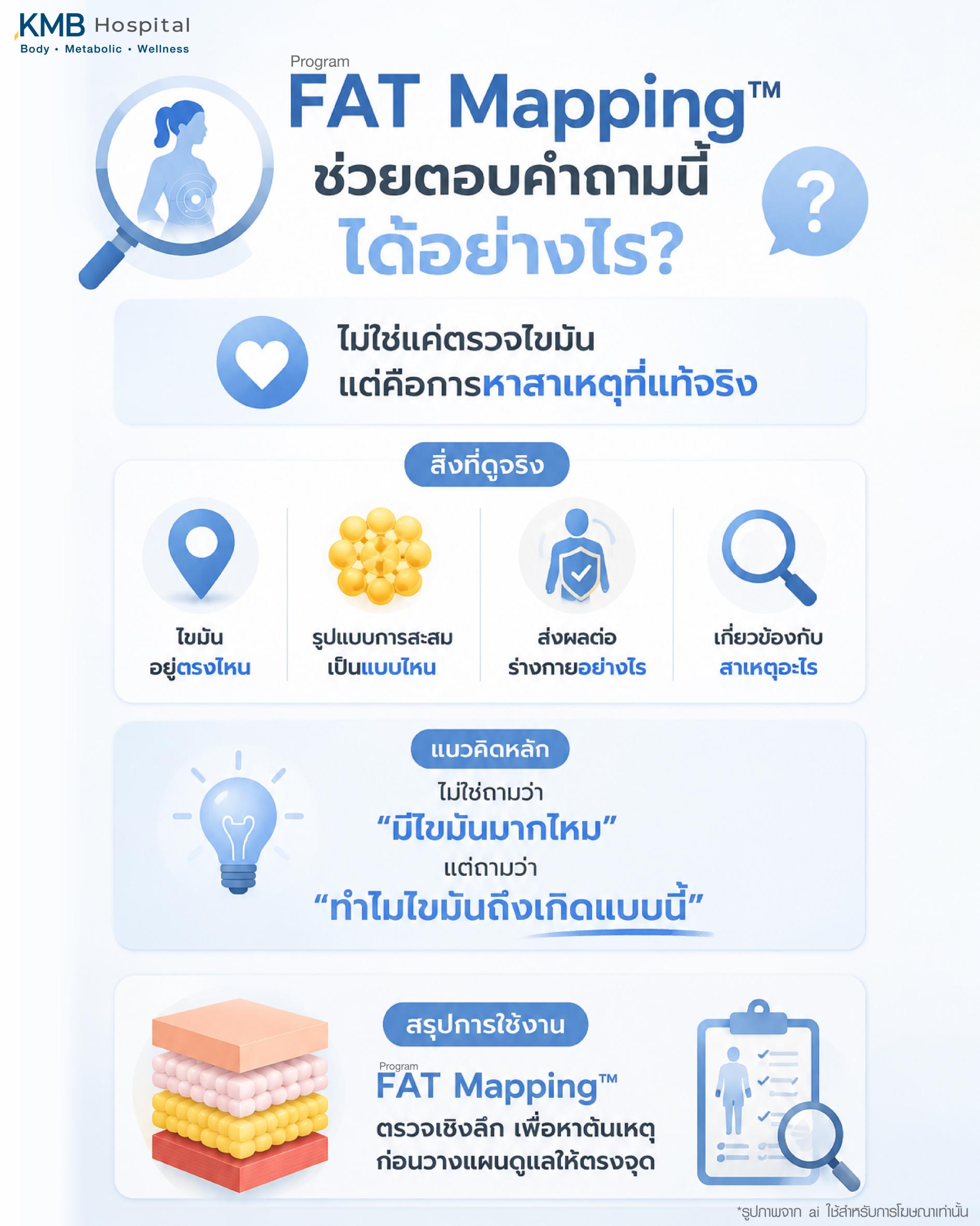 อินโฟกราฟิกอธิบายแนวคิด FAT Mapping ว่าไขมันในร่างกายมีผลต่อรูปร่างและสุขภาพมากกว่าน้ำหนักตัวเพียงอย่างเดียว โดยช่วยวิเคราะห์สาเหตุที่แท้จริงของการเปลี่ยนแปลงร่างกาย เช่น การสะสมไขมันและระบบเผาผลาญ โดย KMB Hospital