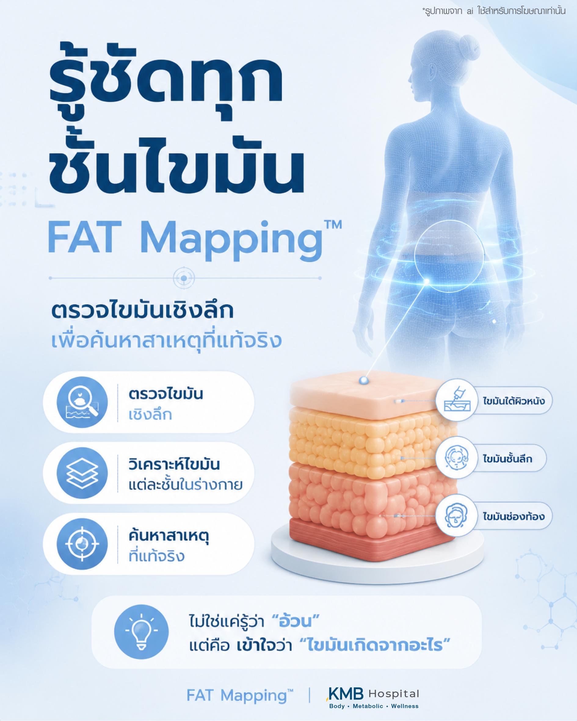 อินโฟกราฟิกอธิบาย FAT Mapping การตรวจวิเคราะห์ไขมันเชิงลึกในร่างกาย เพื่อดูความแตกต่างของไขมันแต่ละชั้น เช่น ไขมันผิวหนัง ไขมันชั้นใต้ผิวหนัง และไขมันสะสม เพื่อค้นหาสาเหตุที่แท้จริงของรูปร่างและปัญหาสุขภาพ โดย KMB Hospital