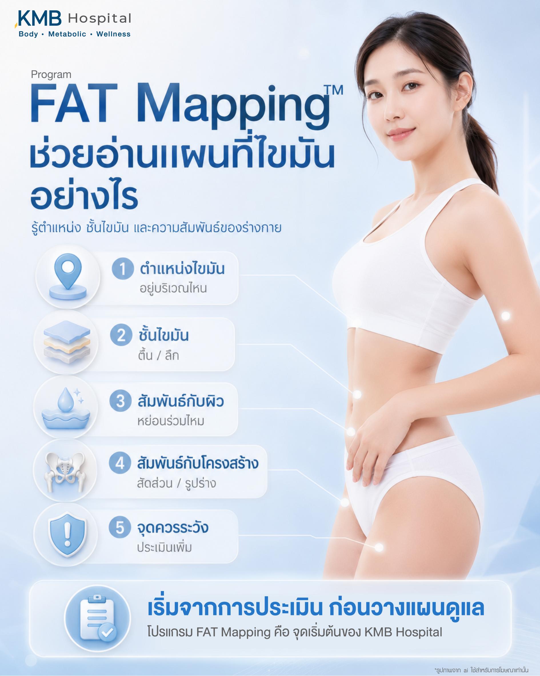 โปรแกรม FAT Mapping ช่วยอ่านแผนที่ไขมันอย่างไร โดยประเมินตำแหน่งไขมัน ชั้นไขมัน ความสัมพันธ์กับผิว โครงสร้างร่างกาย สัดส่วน รูปร่าง และจุดที่ควรระวัง เพื่อเริ่มจากการประเมินก่อนวางแผนดูแลรูปร่างรายบุคคล