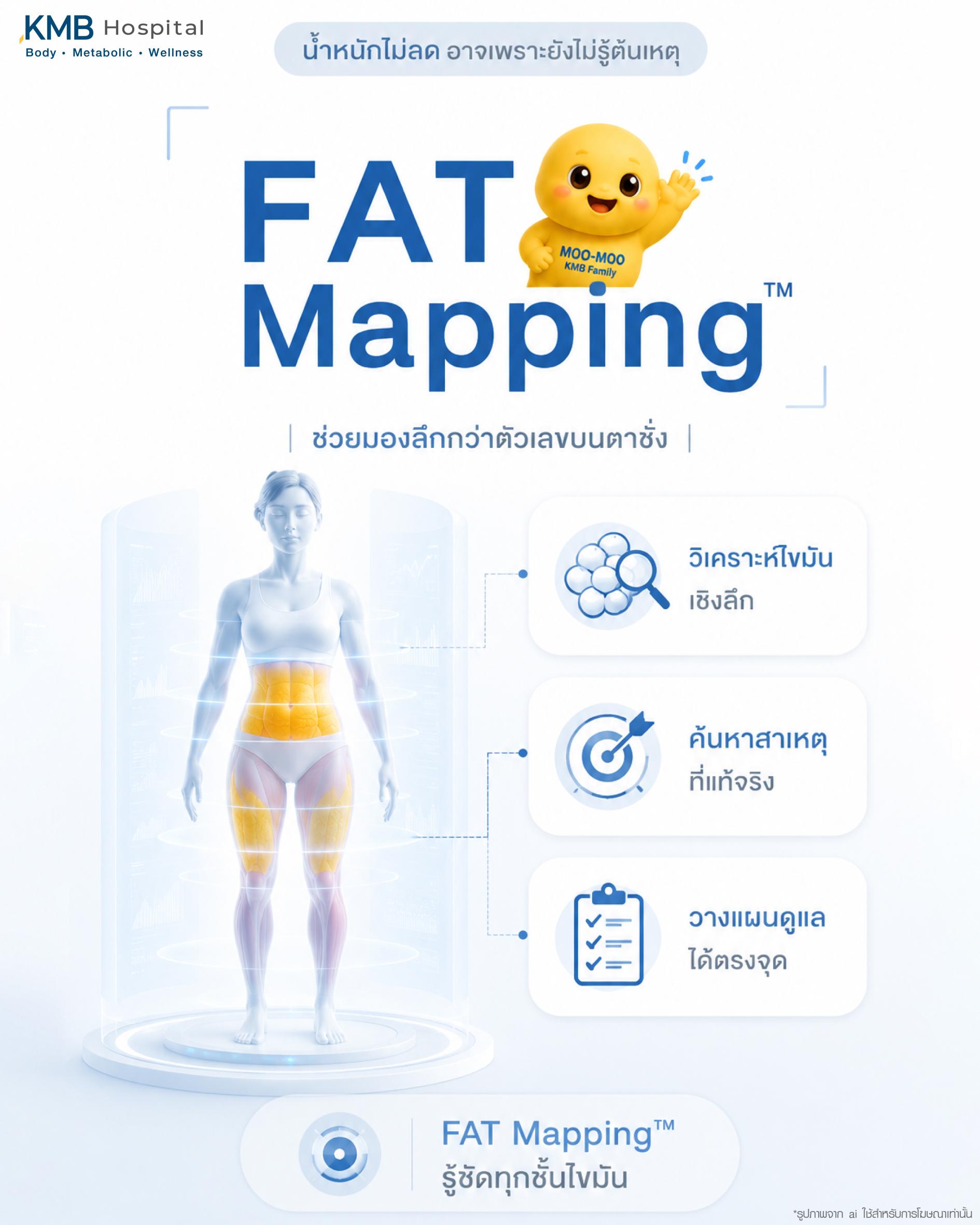 FAT Mapping อธิบายการวิเคราะห์ไขมันเชิงลึกในร่างกาย เพื่อช่วยค้นหาสาเหตุของไขมันสะสม การเปลี่ยนแปลงของสัดส่วน และความแตกต่างของไขมันแต่ละตำแหน่งในร่างกาย โดย KMB Hospital