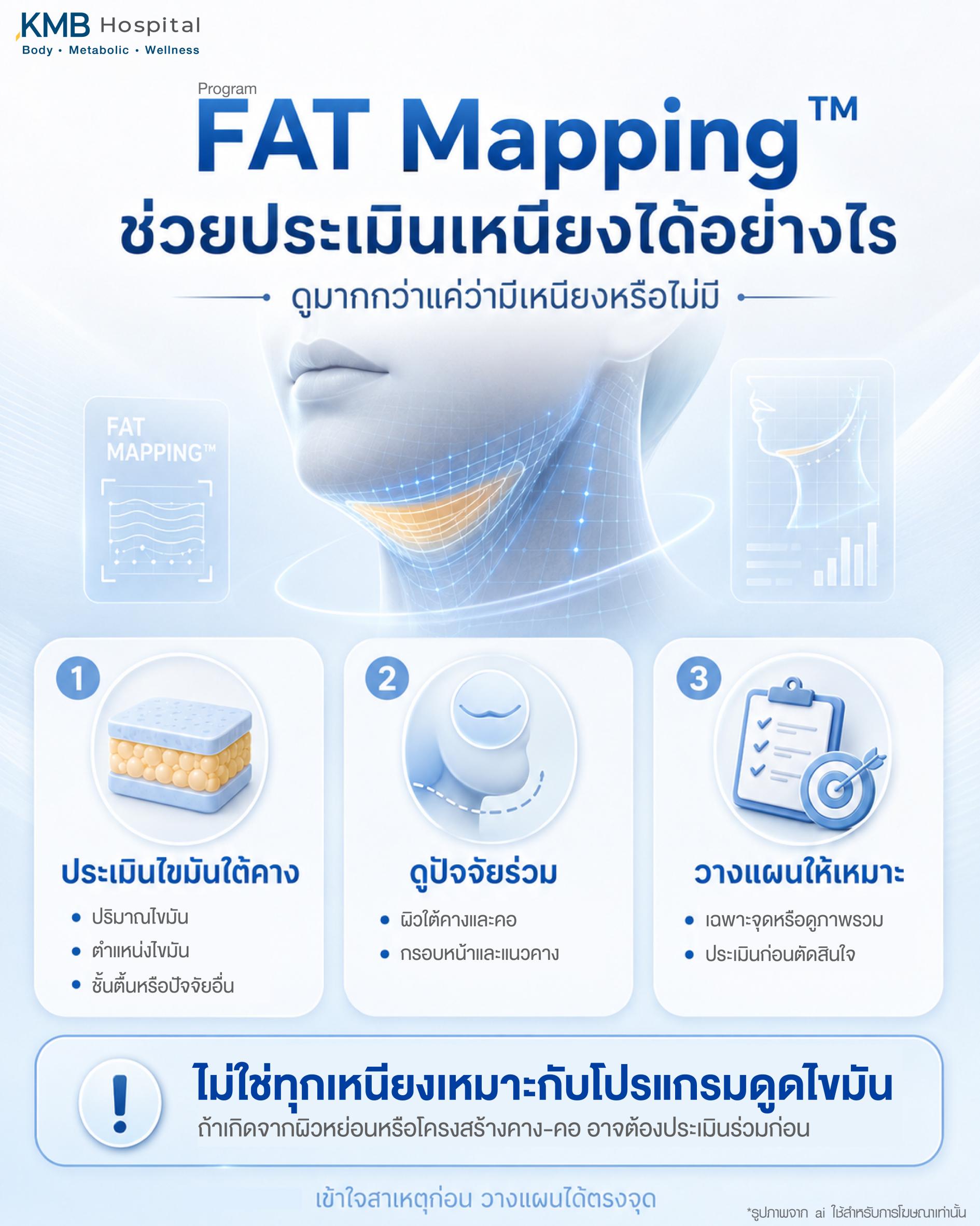 โปรแกรม FAT Mapping ช่วยประเมินเหนียงได้อย่างไร โดยดูมากกว่าแค่ว่ามีเหนียงหรือไม่มี แต่ช่วยประเมินไขมันใต้คาง ปริมาณไขมัน ตำแหน่งไขมัน ชั้นตื้นหรือปัจจัยร่วม เช่น ผิวใต้คาง กรอบหน้า แนวคาง และช่วยวางแผนดูแลให้เหมาะกับแต่ละบุคคลก่อนตัดสินใจทำโปรแกรมดูดไขมันเหนียง