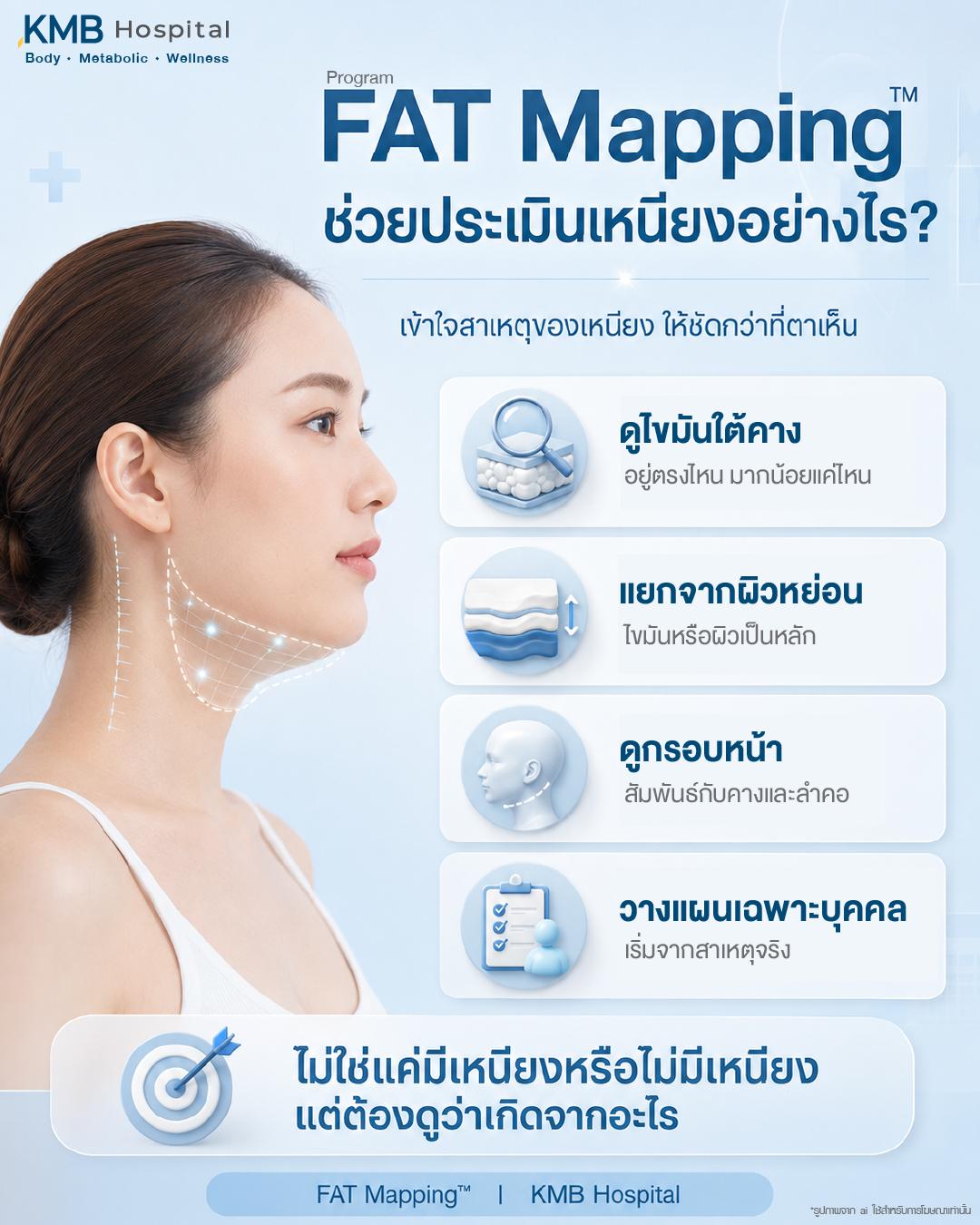 โปรแกรม FAT Mapping ช่วยประเมินเหนียงอย่างไร โดยช่วยดูไขมันใต้คาง แยกสาเหตุจากผิวหย่อน ประเมินกรอบหน้า ความสัมพันธ์ของคางและลำคอ และวางแผนดูแลเฉพาะบุคคล เพื่อเข้าใจสาเหตุของเหนียงก่อนวางแผนดูแลกรอบหน้าให้เหมาะสม