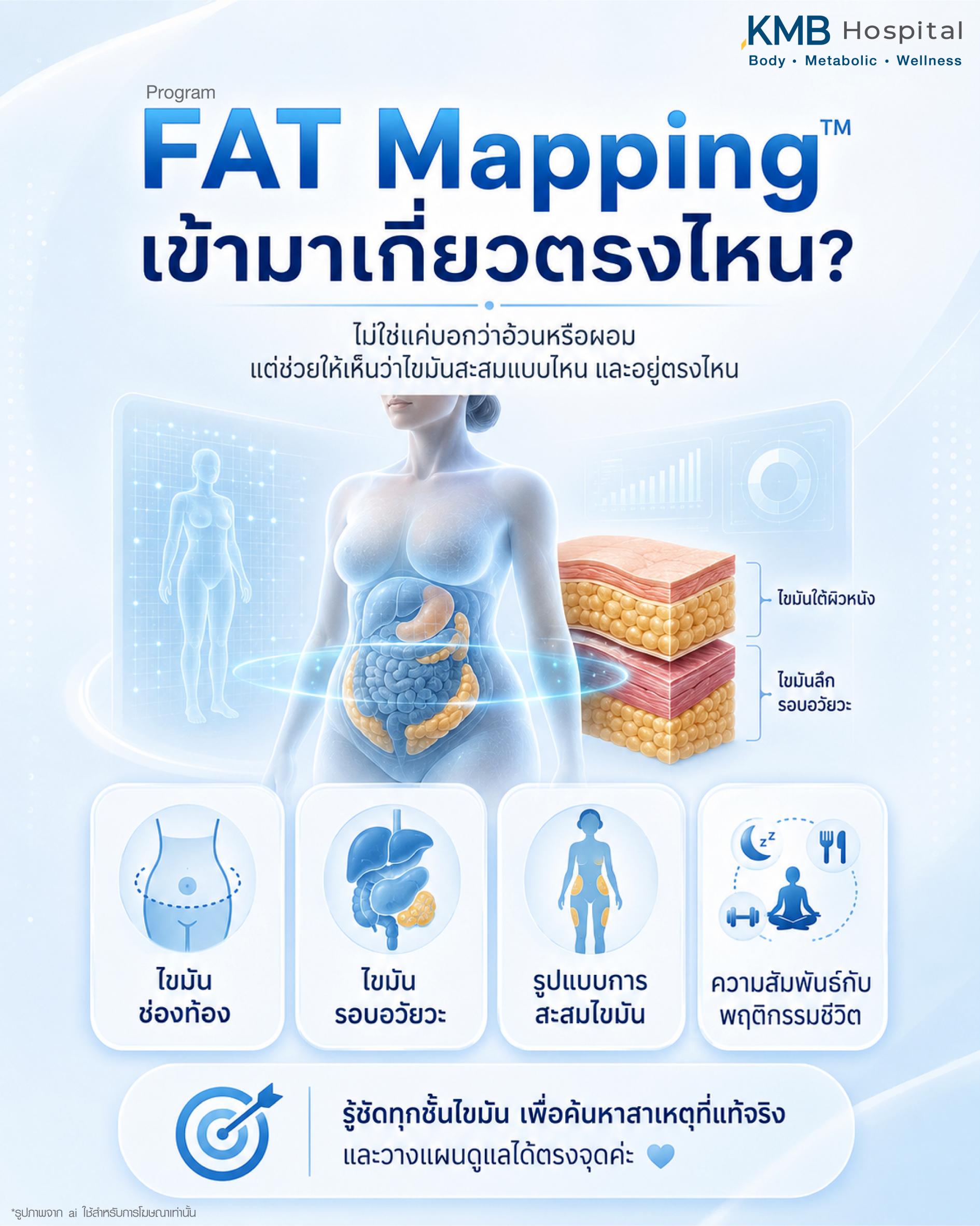 โปรแกรม FAT Mapping เข้ามาเกี่ยวตรงไหน โดยช่วยให้เห็นรูปแบบการสะสมไขมัน ทั้งไขมันช่องท้อง ไขมันรอบอวัยวะ ไขมันใต้ผิวหนัง และความสัมพันธ์กับพฤติกรรมชีวิต เพื่อค้นหาสาเหตุที่แท้จริงของน้ำหนักขึ้นง่ายและวางแผนดูแลได้ตรงจุด