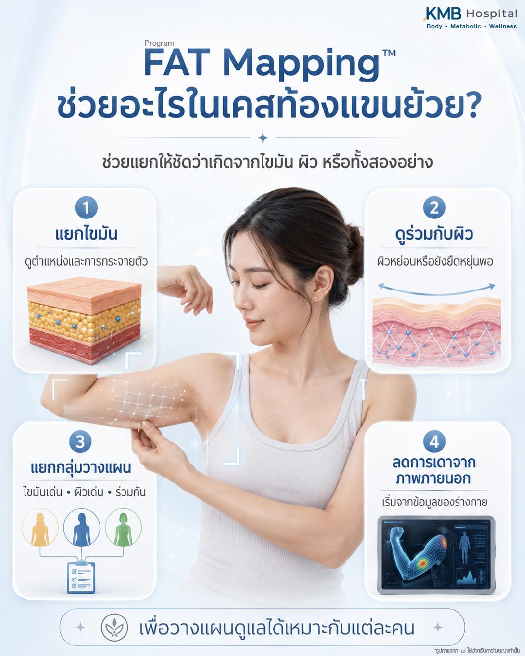 โปรแกรม FAT Mapping ช่วยอะไรในเคสท้องแขนย้วย โดยช่วยแยกสาเหตุว่าเกิดจากไขมัน ผิวหย่อน หรือทั้งสองอย่างร่วมกัน พร้อมประเมินตำแหน่งและการกระจายตัวของไขมัน คุณภาพผิว และวางแผนดูแลต้นแขนให้เหมาะกับแต่ละบุคคลก่อนตัดสินใจทำโปรแกรมดูดไขมันแขน