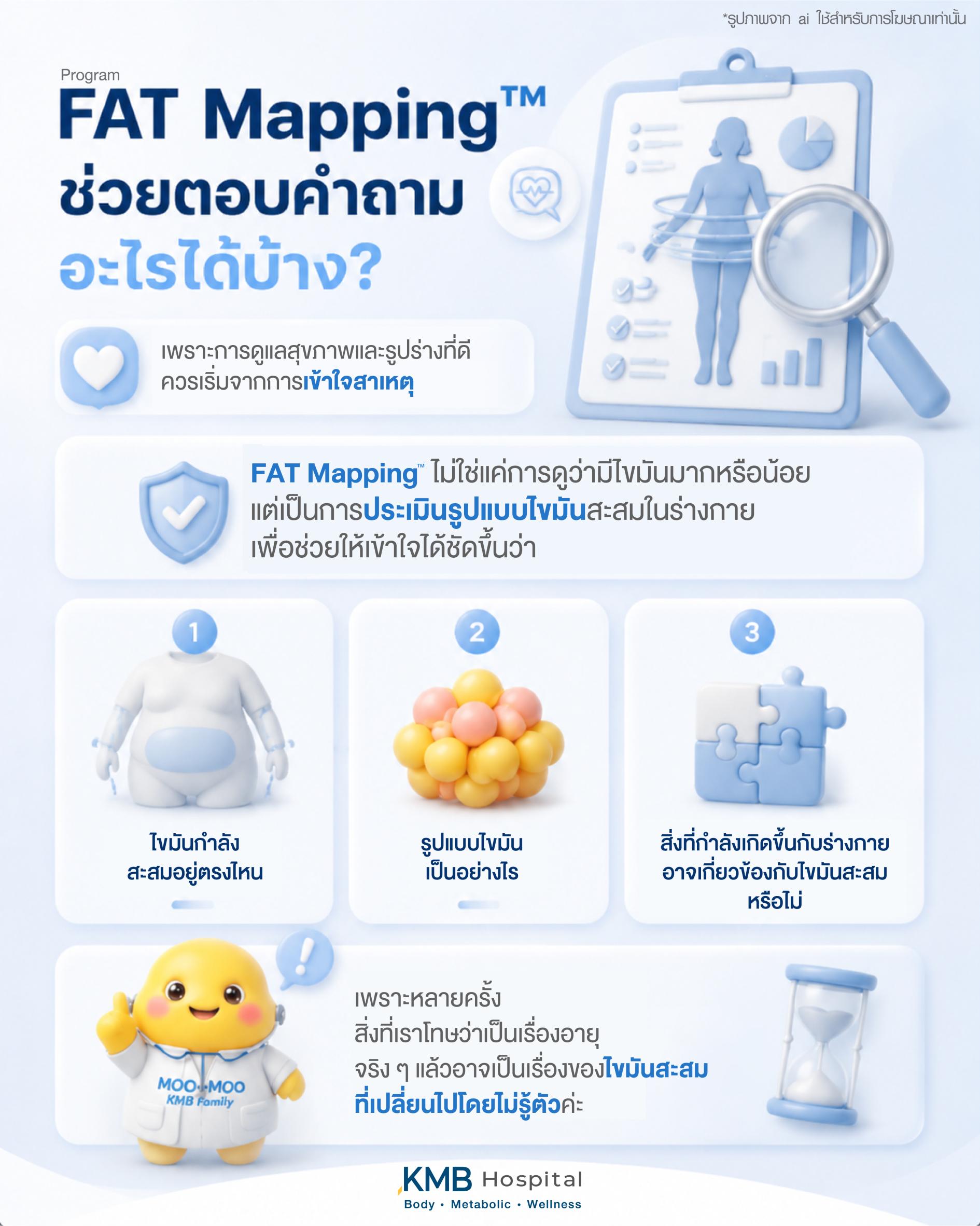 อินโฟกราฟิกอธิบายโปรแกรม FAT Mapping การประเมินรูปแบบไขมันสะสมในร่างกาย เพื่อช่วยเข้าใจตำแหน่งไขมัน รูปแบบไขมัน และปัจจัยที่อาจเกี่ยวข้องกับสุขภาพ โดย KMB Hospital