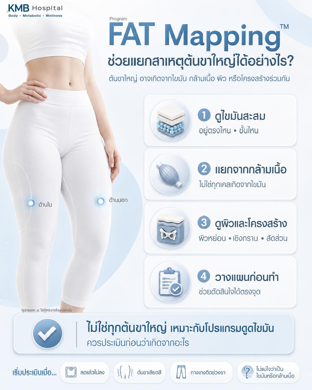 โปรแกรม FAT Mapping ช่วยแยกสาเหตุต้นขาใหญ่ได้อย่างไร โดยประเมินว่าเกิดจากไขมันสะสม กล้ามเนื้อต้นขา ผิวหย่อน โครงสร้างเชิงกราน หรือสัดส่วนร่างกายร่วมกัน พร้อมช่วยดูตำแหน่งไขมัน ชั้นไขมัน และวางแผนก่อนทำโปรแกรมดูดไขมันต้นขาให้เหมาะกับแต่ละบุคคล