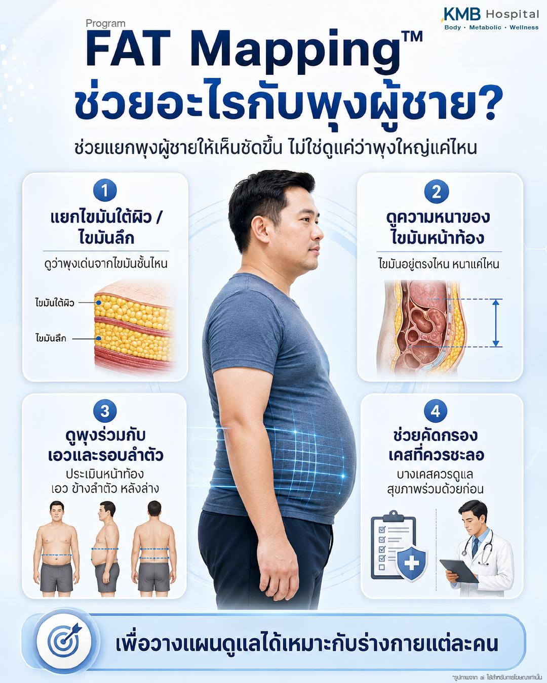 โปรแกรม FAT Mapping ช่วยอะไรกับพุงผู้ชาย โดยช่วยแยกไขมันใต้ผิวและไขมันลึก ดูความหนาของไขมันหน้าท้อง ประเมินพุงร่วมกับเอวและรอบลำตัว รวมถึงช่วยคัดกรองเคสที่ควรชะลอหรือดูแลสุขภาพร่วมก่อนวางแผนดูแลรูปร่างรายบุคคล