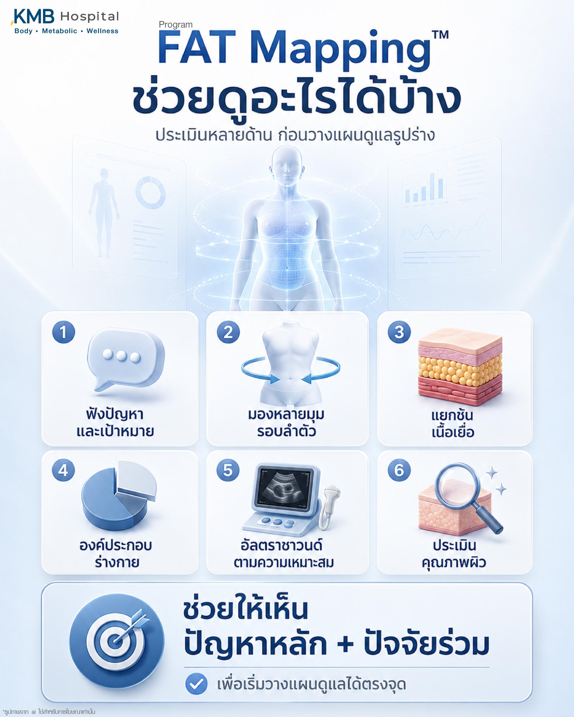 โปรแกรม FAT Mapping ช่วยดูอะไรได้บ้าง โดยประเมินหลายด้านก่อนวางแผนดูแลรูปร่าง เช่น ฟังปัญหาและเป้าหมาย มองหลายมุมรอบลำตัว แยกชั้นเนื้อเยื่อ ประเมินองค์ประกอบร่างกาย ใช้อัลตราซาวด์ตามความเหมาะสม และประเมินคุณภาพผิว เพื่อช่วยให้เห็นปัญหาหลักและปัจจัยร่วมก่อนวางแผนดูแลให้ตรงจุด