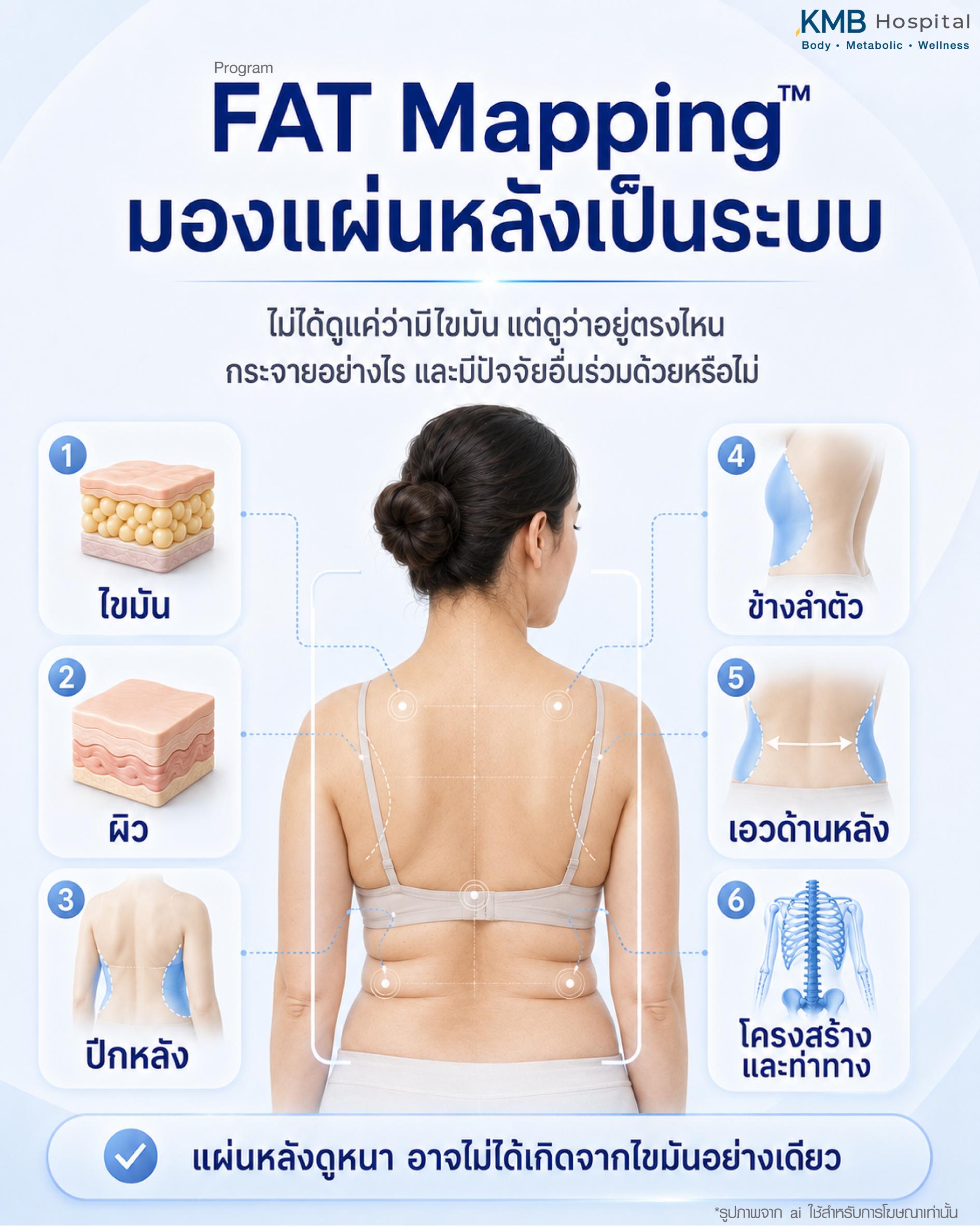 โปรแกรม FAT Mapping ช่วยมองแผ่นหลังเป็นระบบ โดยไม่ได้ดูแค่ว่ามีไขมันหรือไม่ แต่ประเมินไขมัน ผิว ปีกหลัง ข้างลำตัว เอวด้านหลัง โครงสร้าง และท่าทาง เพื่อดูการกระจายของไขมันและปัจจัยร่วมก่อนวางแผนดูแลไขมันแผ่นหลังรายบุคคล