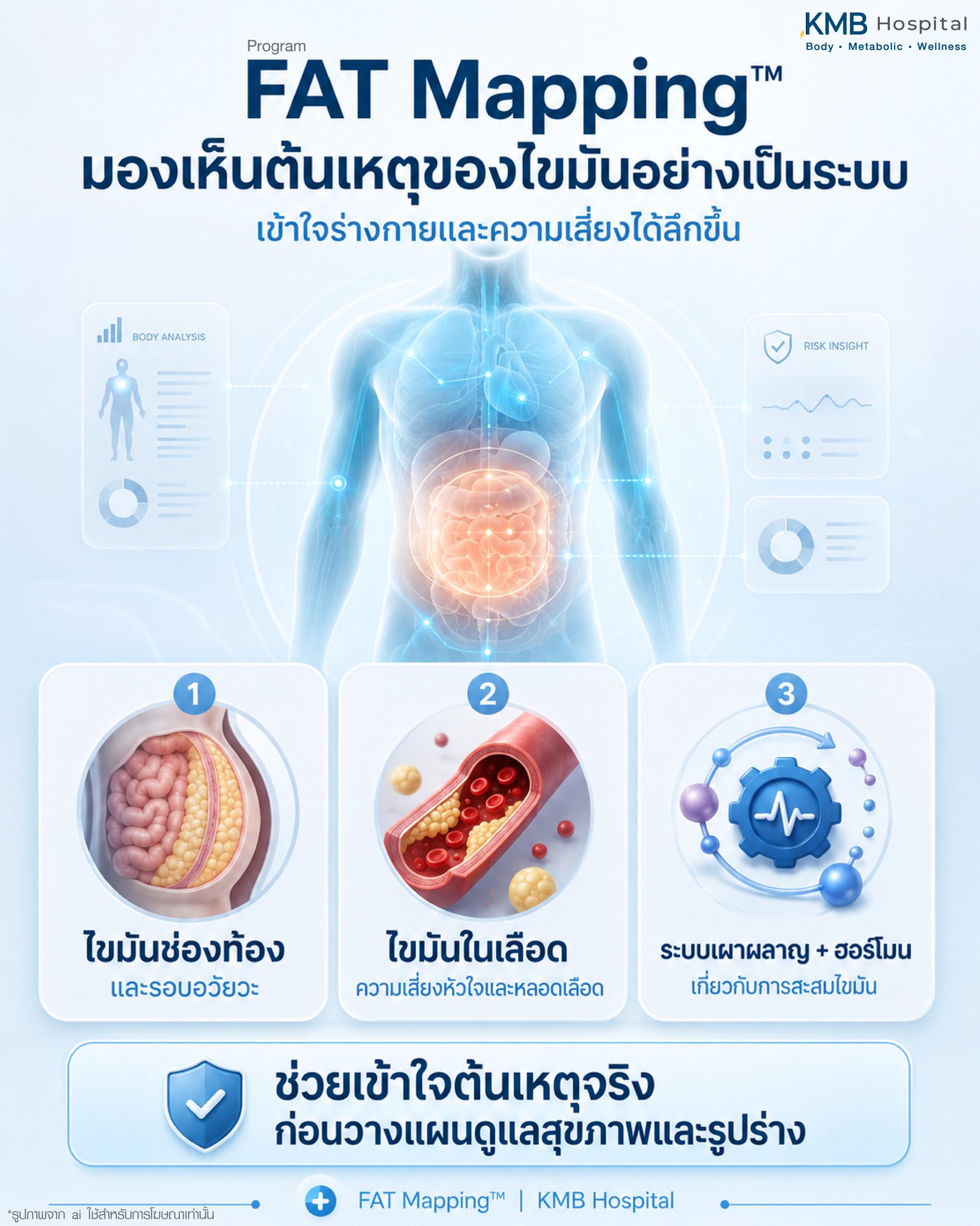 ภาพอินโฟกราฟิก KMB Hospital อธิบายโปรแกรม FAT Mapping ที่ช่วยมองเห็นต้นเหตุของไขมันอย่างเป็นระบบ ทั้งไขมันช่องท้อง ไขมันในเลือด ระบบเผาผลาญ และฮอร์โมน เพื่อเข้าใจความเสี่ยงของร่างกายและวางแผนดูแลสุขภาพกับรูปร่างได้ตรงจุด