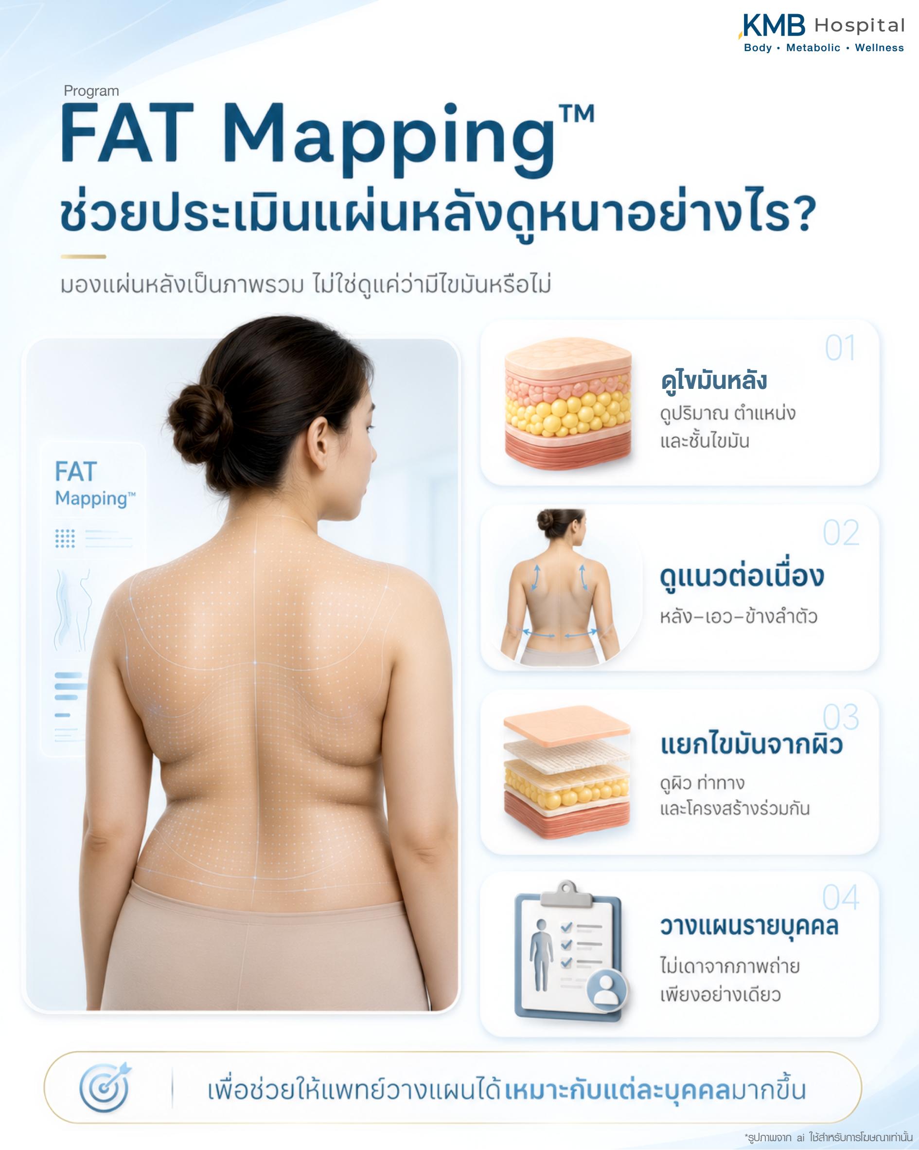 โปรแกรม FAT Mapping ช่วยประเมินแผ่นหลังดูหนาอย่างไร โดยไม่ได้ดูแค่ว่ามีไขมันหรือไม่ แต่ช่วยวิเคราะห์ไขมันบริเวณหลัง ปริมาณ ตำแหน่ง และชั้นไขมัน ดูแนวต่อเนื่องของหลัง เอว และข้างลำตัว แยกไขมันออกจากผิว ท่าทาง และโครงสร้าง เพื่อวางแผนดูแลรูปร่างรายบุคคลได้เหมาะสมมากขึ้น