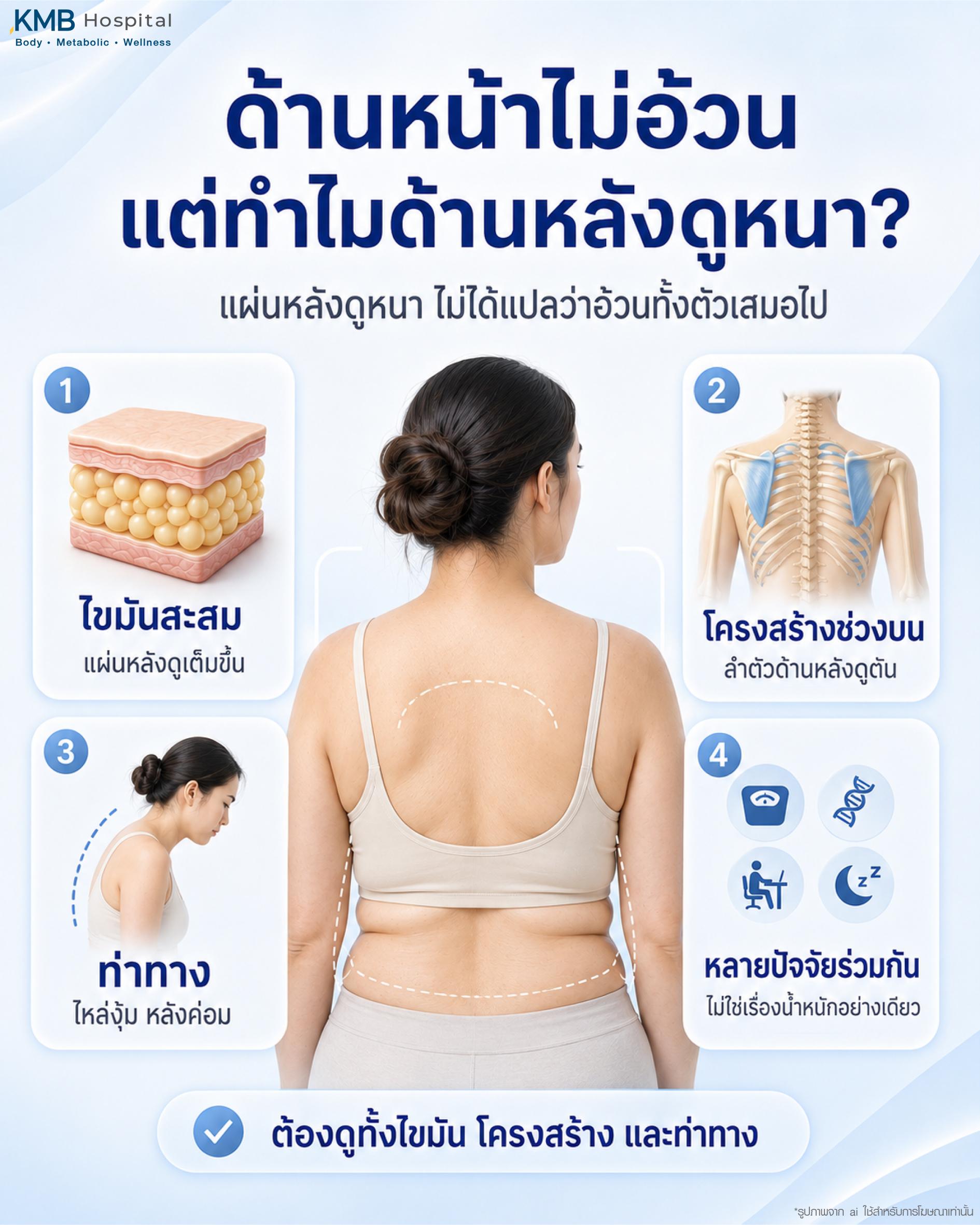 ด้านหน้าไม่อ้วน แต่ทำไมด้านหลังดูหนา โดยแผ่นหลังดูหนาไม่ได้แปลว่าอ้วนทั้งตัวเสมอไป แต่อาจเกิดจากไขมันสะสม โครงสร้างช่วงบน ท่าทาง เช่น ไหล่หุ้ม หลังค่อม และหลายปัจจัยร่วมกัน จึงควรประเมินทั้งไขมัน โครงสร้าง และท่าทางก่อนวางแผนดูแลรูปร่าง