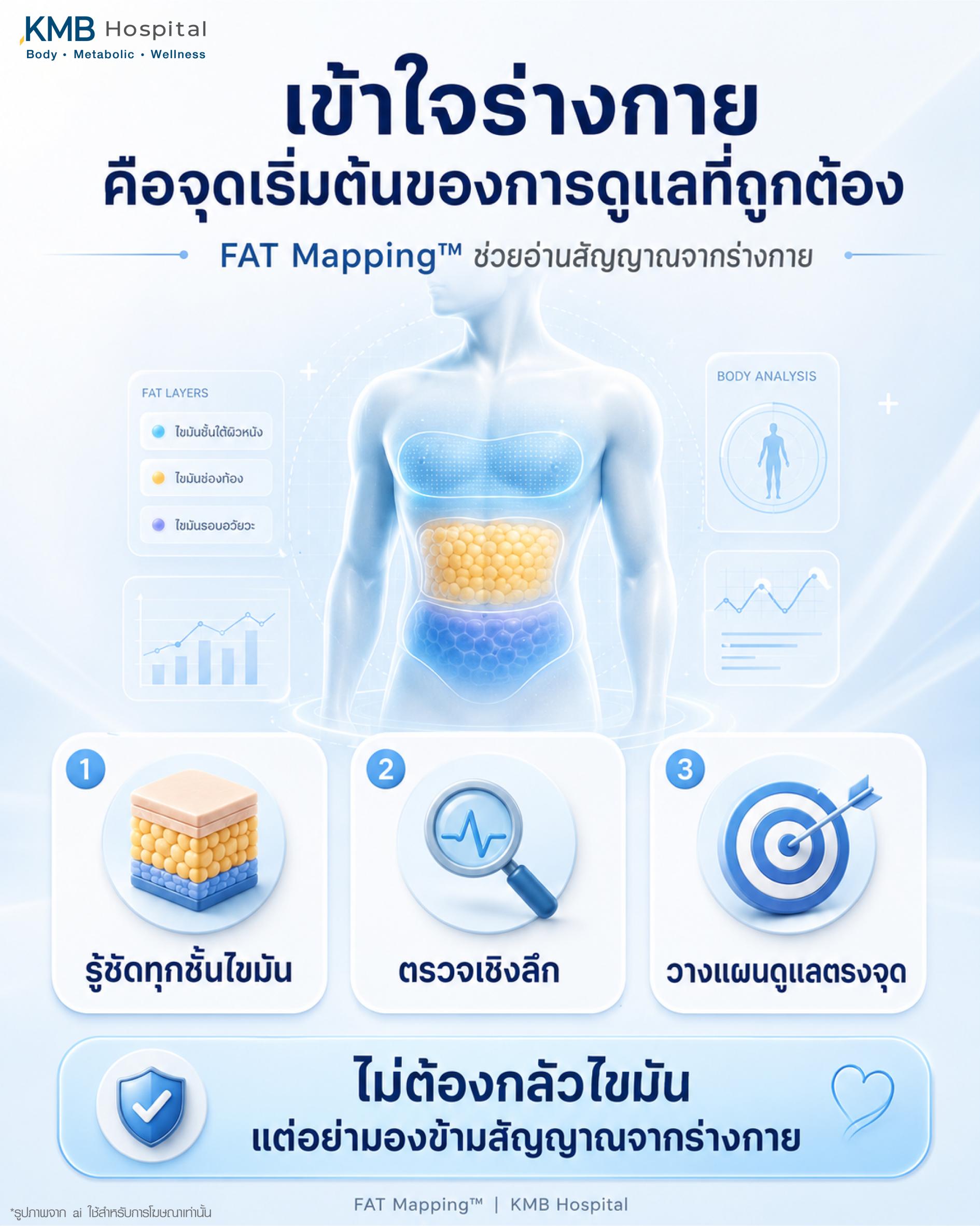 สัญญาณจากร่างกายที่บ่งชี้ว่ามีไขมันในเลือดสูง แม้สุขภาพภายนอกดูดี เช่น พลังงานลด เหนื่อยง่าย น้ำหนักไม่ลด หรือไขมันสะสม โดย FAT Mapping ของ KMB Hospital ช่วยวิเคราะห์สาเหตุที่แท้จริง