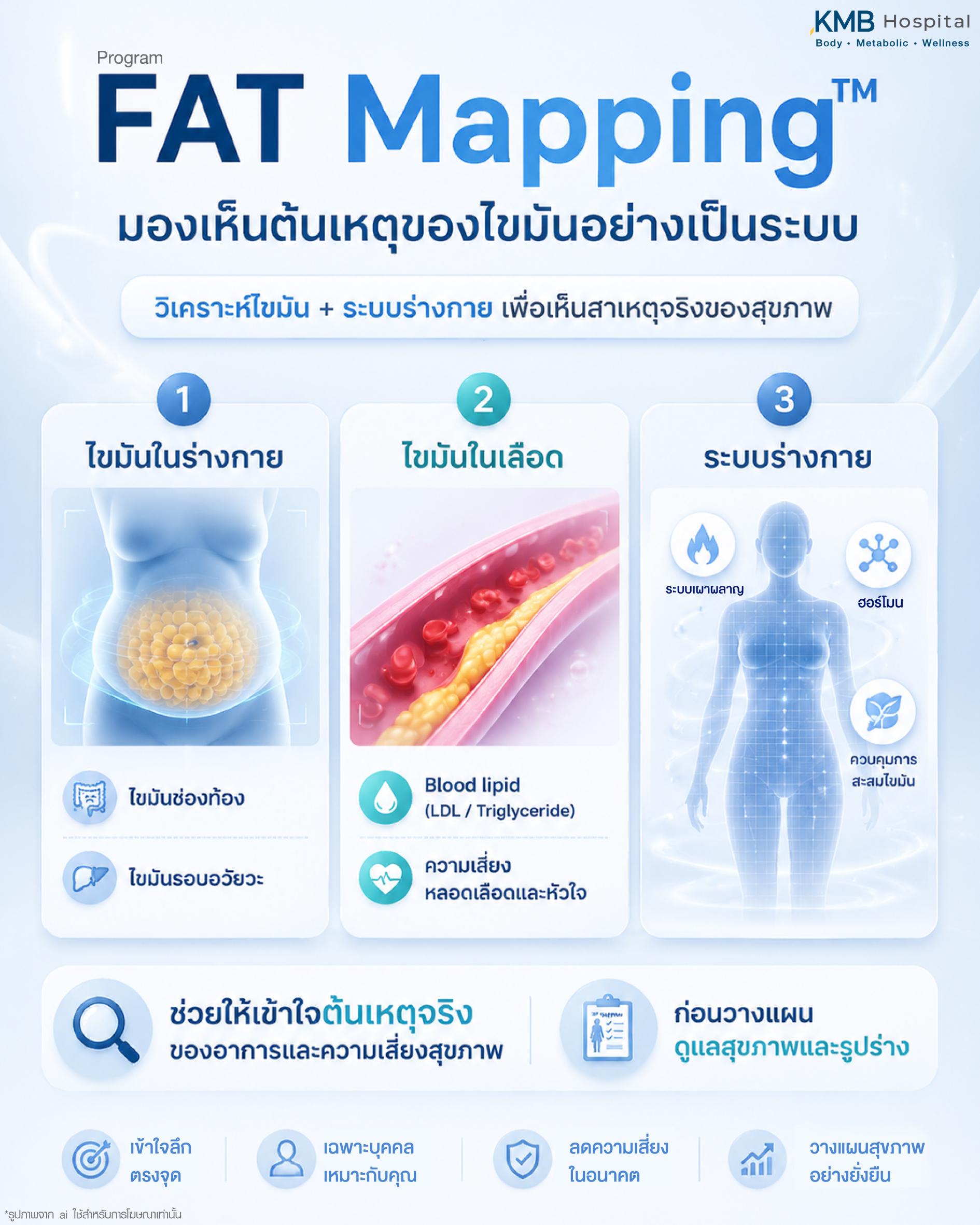 ไขมันในเลือดสูง แม้สุขภาพภายนอกดูปกติ ร่างกายอาจส่งสัญญาณ เช่น น้ำหนัก พลังงาน การสะสมไขมัน และความเหนื่อยล้า FAT Mapping ช่วยวิเคราะห์ต้นเหตุและตำแหน่งไขมันสะสมเพื่อสุขภาพที่ดีขึ้น