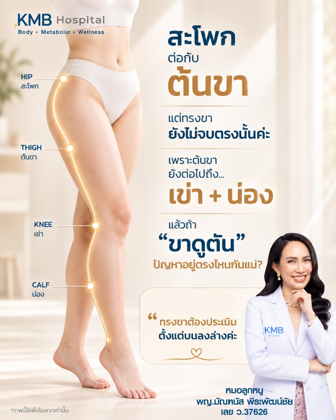 ภาพเชื่อมความสัมพันธ์ของสะโพก ต้นขา เข่า และน่องในการประเมินทรงขาก่อนวางแผนดูดไขมัน