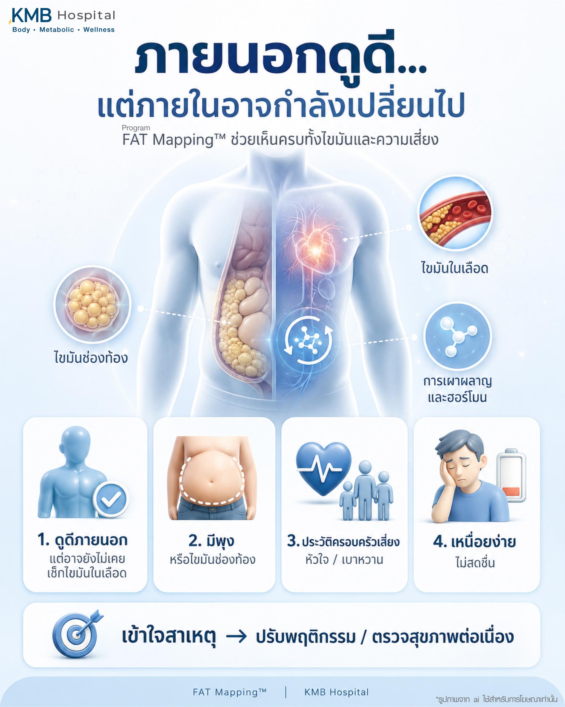 ภายนอกอาจดูดี แต่ภายในร่างกายอาจกำลังเปลี่ยนไป โดยเกี่ยวข้องกับไขมันช่องท้อง ไขมันในเลือด ระบบเผาผลาญ ฮอร์โมน พุง ไขมันสะสม ประวัติครอบครัว และอาการเหนื่อยง่าย พร้อมแนะนำ FAT Mapping เพื่อช่วยมองเห็นไขมันและความเสี่ยงก่อนวางแผนดูแลสุขภาพ