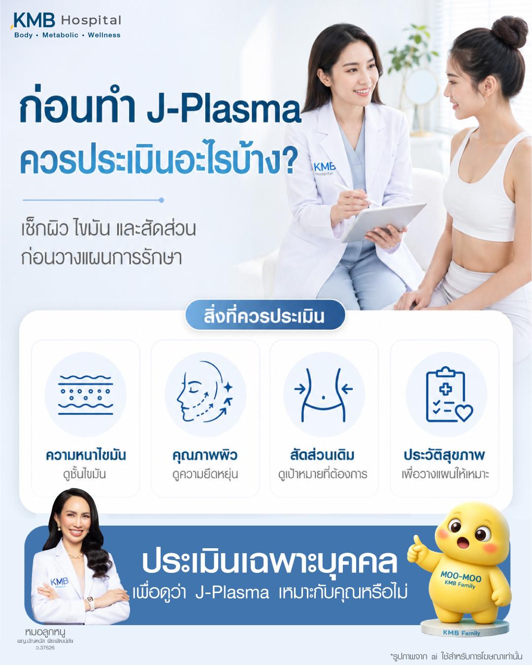 อินโฟกราฟิกอธิบายขั้นตอนการประเมินก่อนทำ J-Plasma เช่น การตรวจผิว ความหนาของไขมัน สัดส่วนเดิม และประวัติสุขภาพ เพื่อวางแผนการปรับสัดส่วนและกระชับผิวเฉพาะบุคคลที่ KMB Hospital