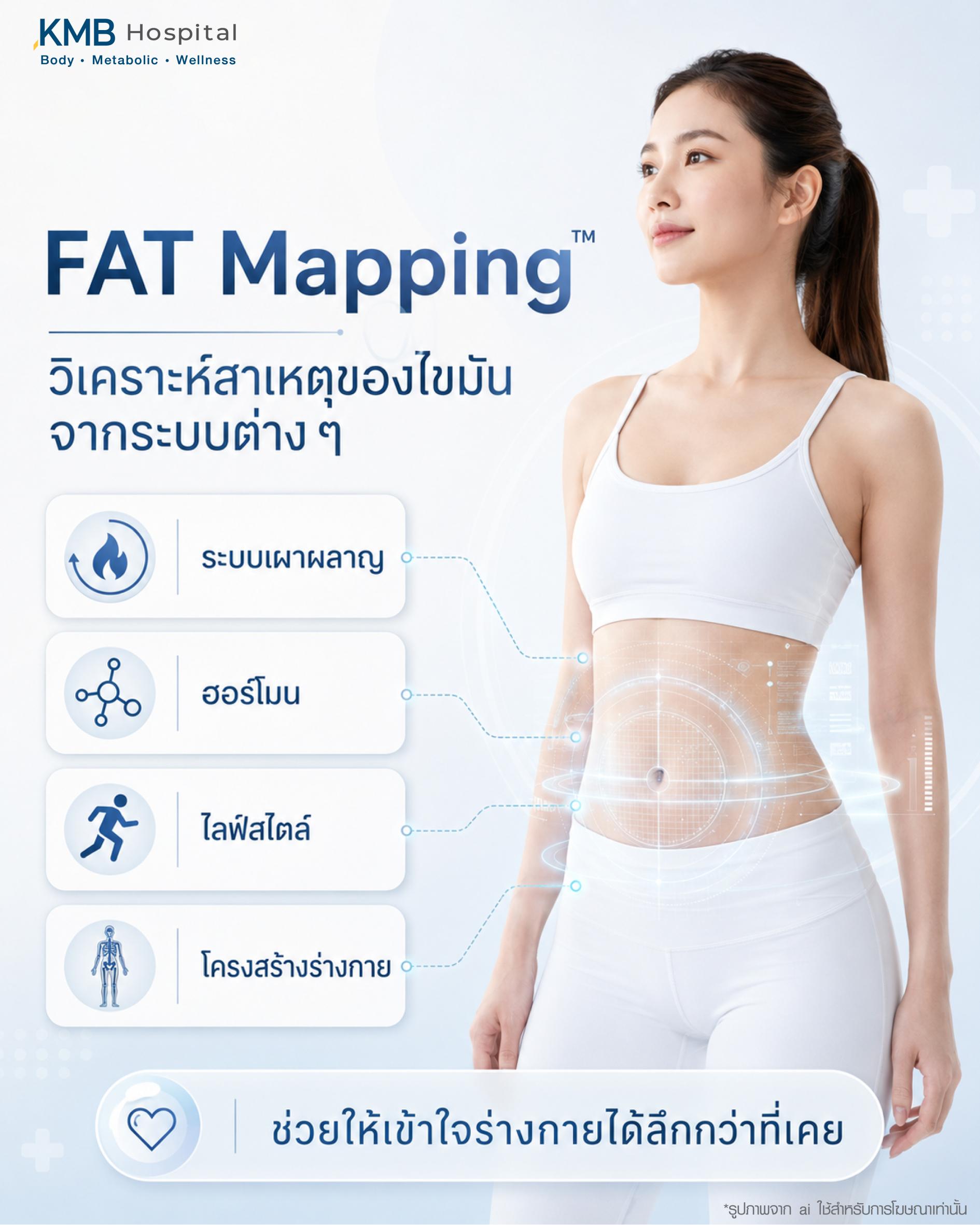 FAT Mapping วิเคราะห์ระบบเผาผลาญ ฮอร์โมน และโครงสร้างร่างกาย เพื่อค้นหาสาเหตุของไขมันสะสมและการเปลี่ยนแปลงรูปร่างอย่างเฉพาะบุคคล โดยเน้นการทำความเข้าใจร่างกายเชิงลึกที่ KMB Hospital