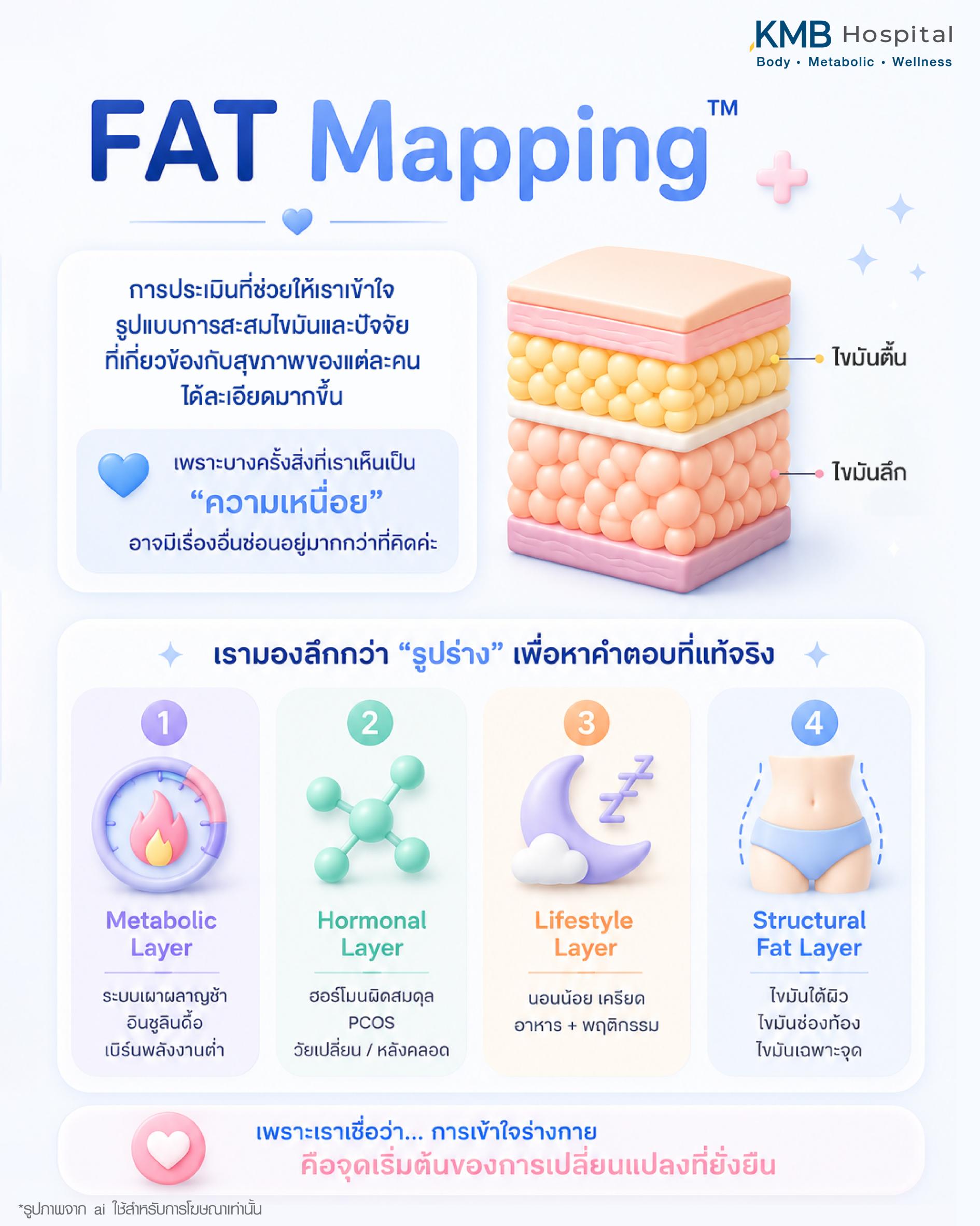 FAT Mapping วิเคราะห์ชั้นไขมันในร่างกาย แบ่งเป็นไขมันระดับเผาผลาญ ฮอร์โมน ไลฟ์สไตล์ และโครงสร้างร่างกาย เพื่ออธิบายสาเหตุของการสะสมไขมันและการเปลี่ยนแปลงของรูปร่างอย่างเป็นระบบ